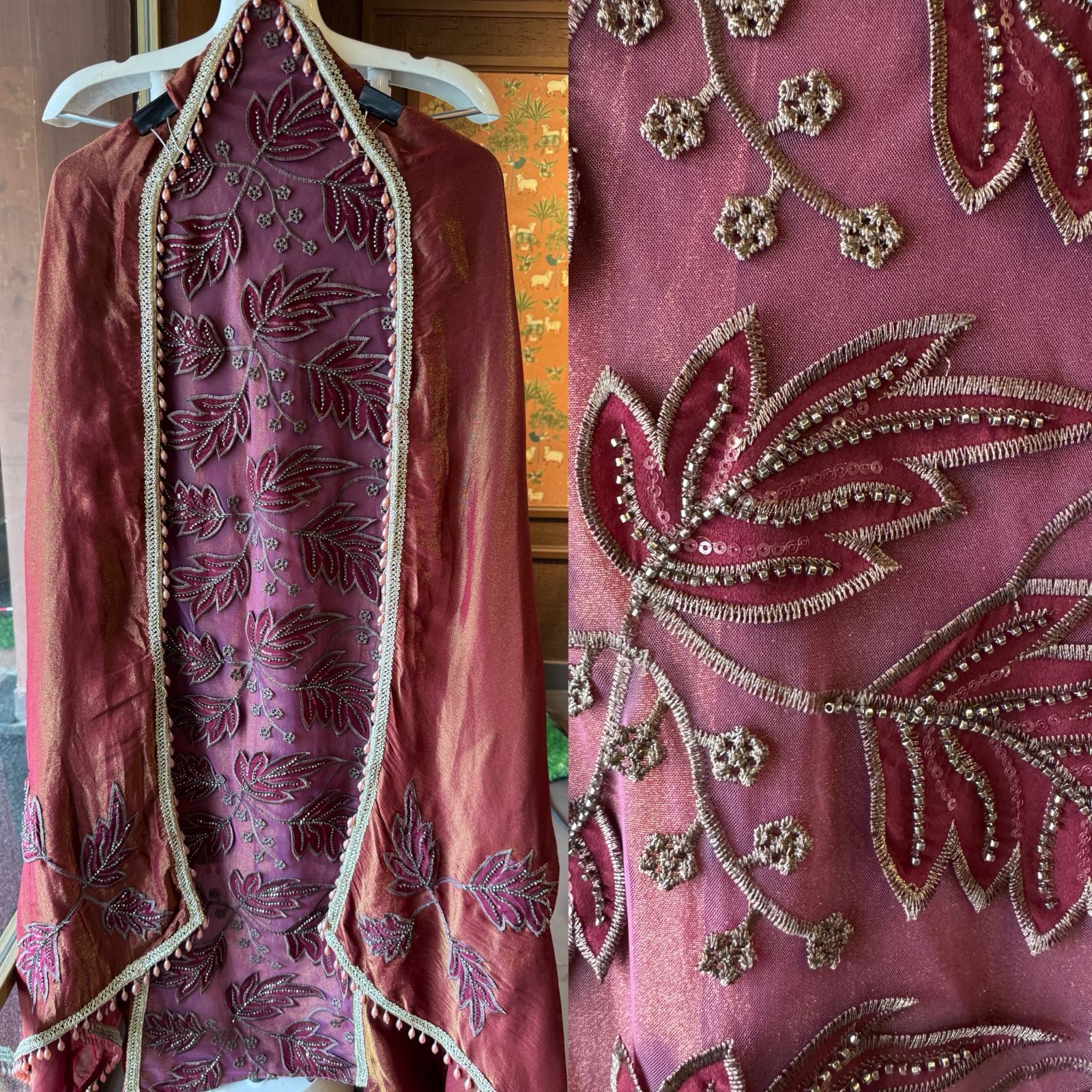 mesh/net fabric heavily embroidered with leaf and small floral motifs