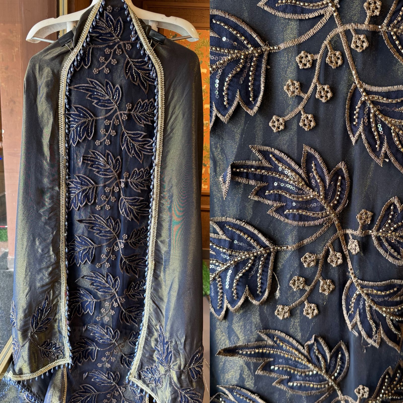 mesh/net fabric heavily embroidered with leaf and small floral motifs