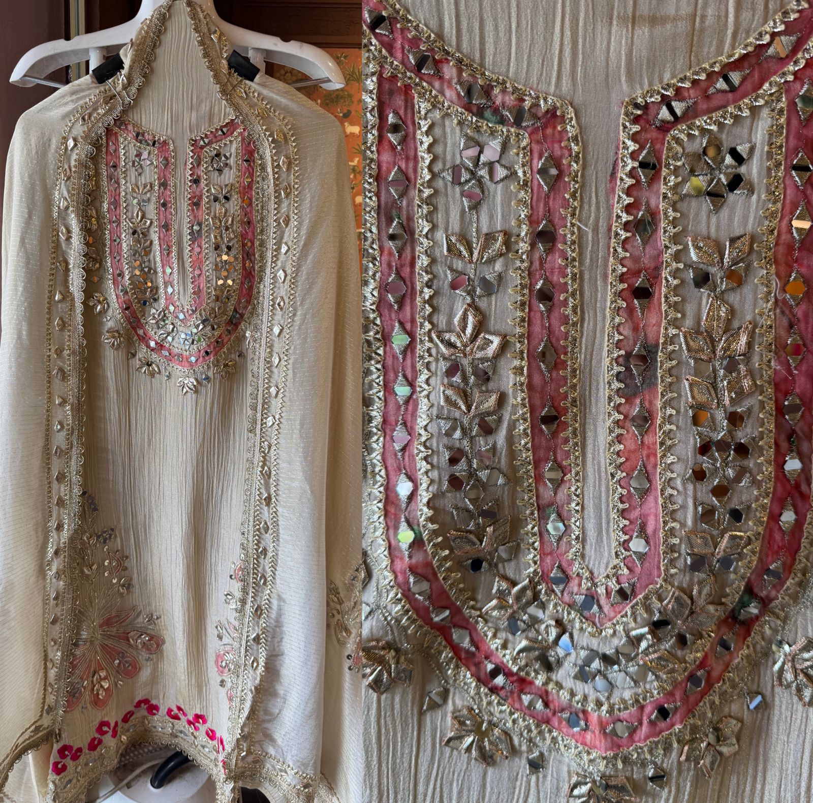 Traditional mirror work combined with delicate embroidery