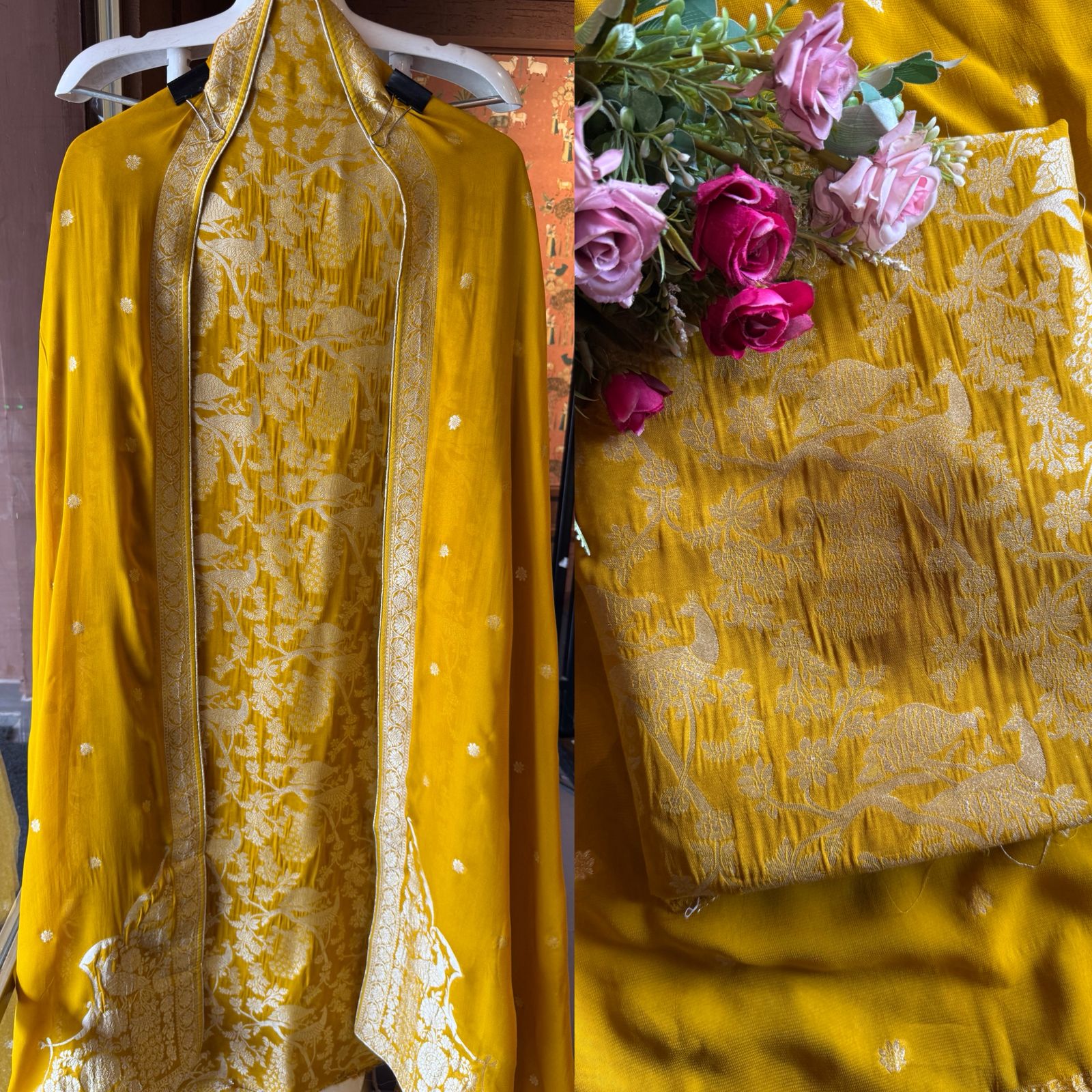 Golden zari woven in a fine Banarasi-style Shirt