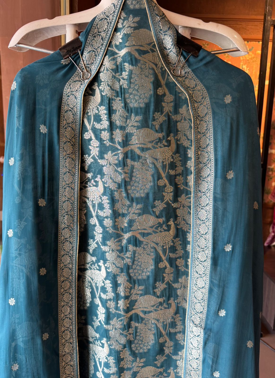 Golden zari woven in a fine Banarasi-style Shirt