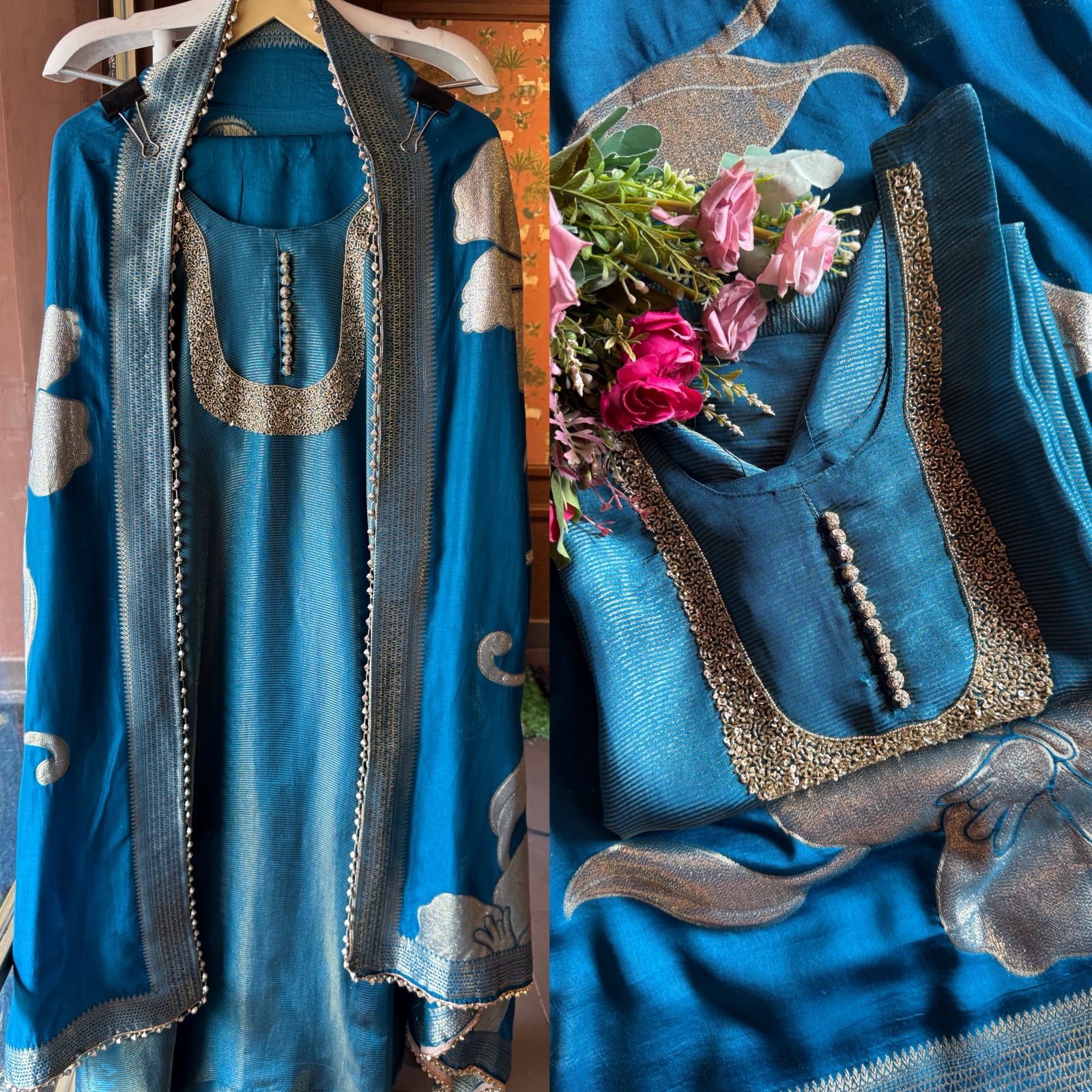 Self Tissue Kurta with Gold lurex Semi stitched shirt