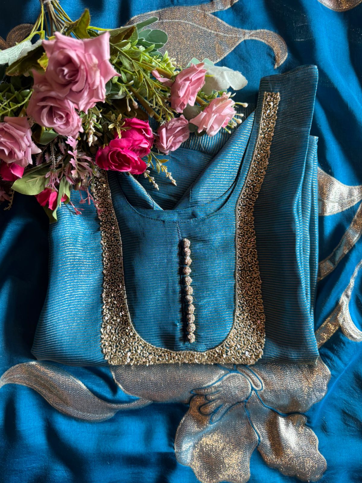 Self Tissue Kurta with Gold lurex Semi stitched shirt