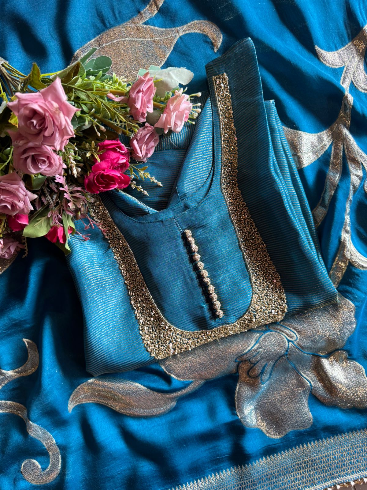 Self Tissue Kurta with Gold lurex Semi stitched shirt