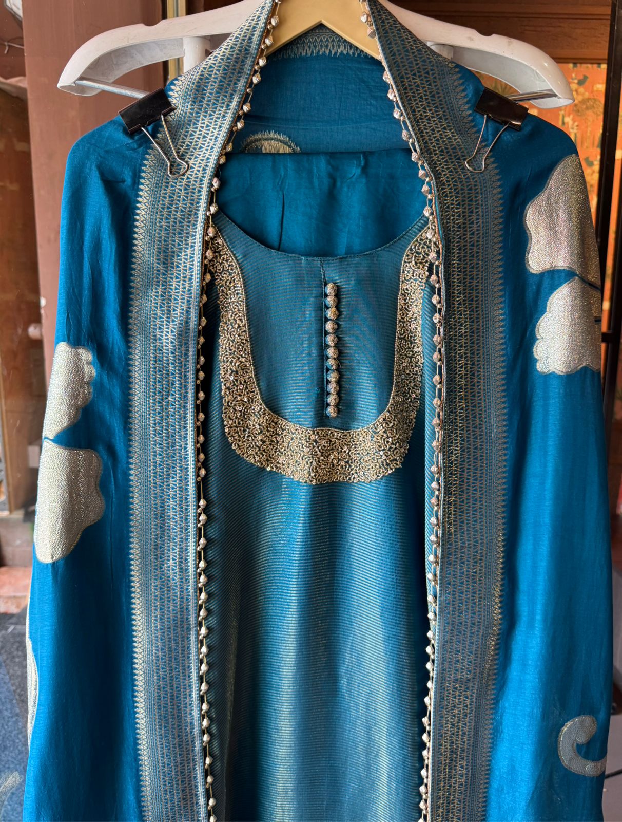 Self Tissue Kurta with Gold lurex Semi stitched shirt