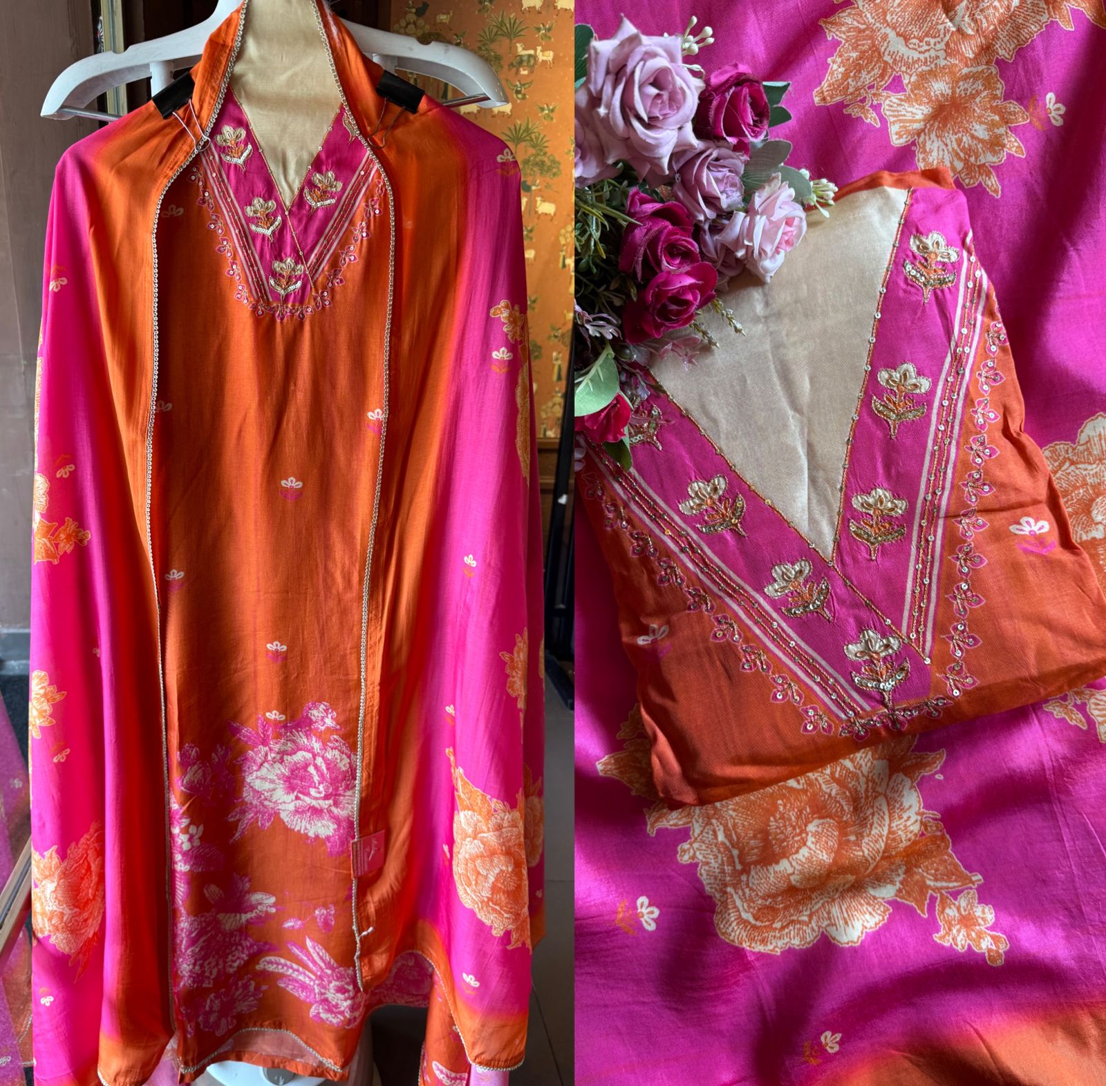 Dual-shade orange and pink half-half style Shirt