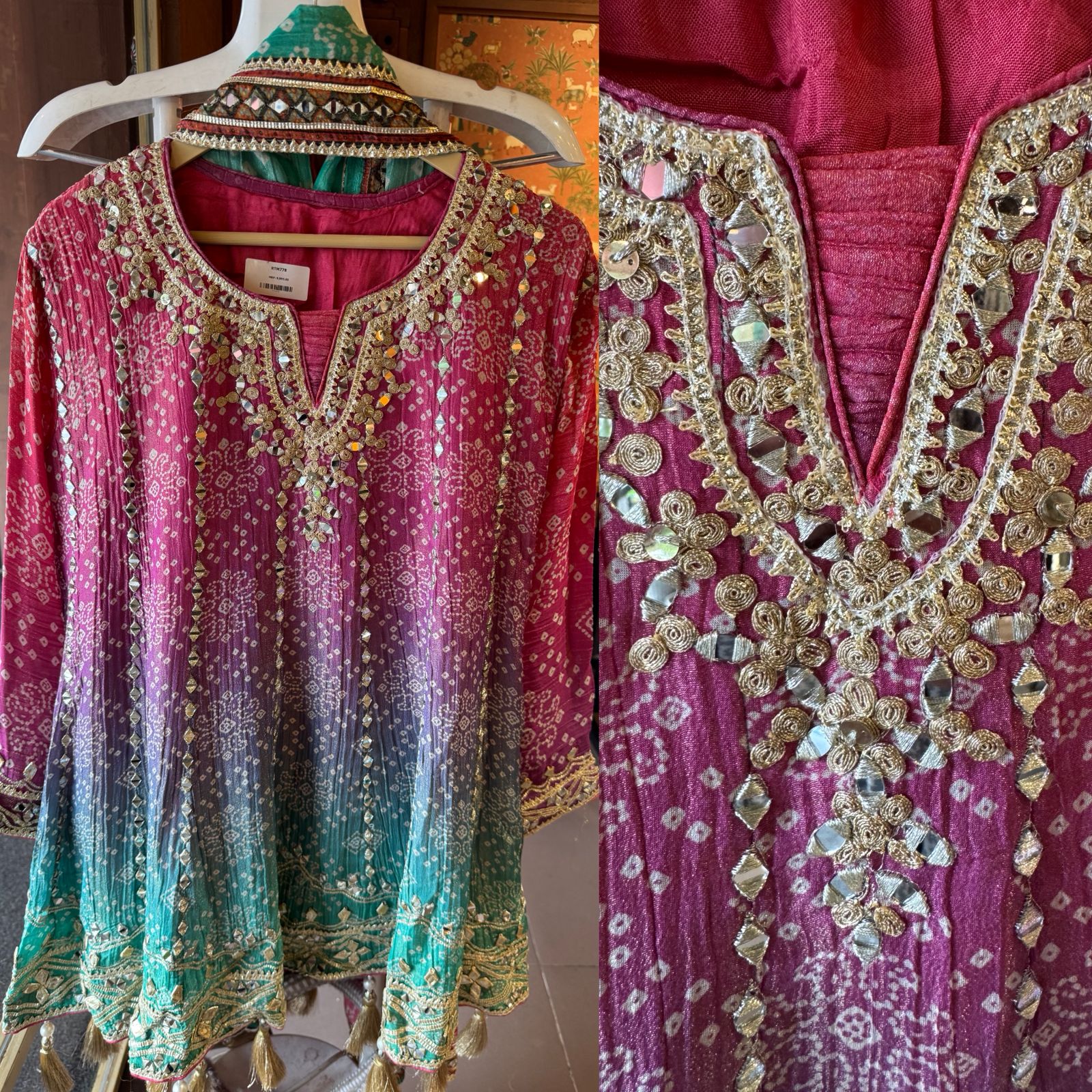 Ombré shaded crushed tissue bandhani printed sharara