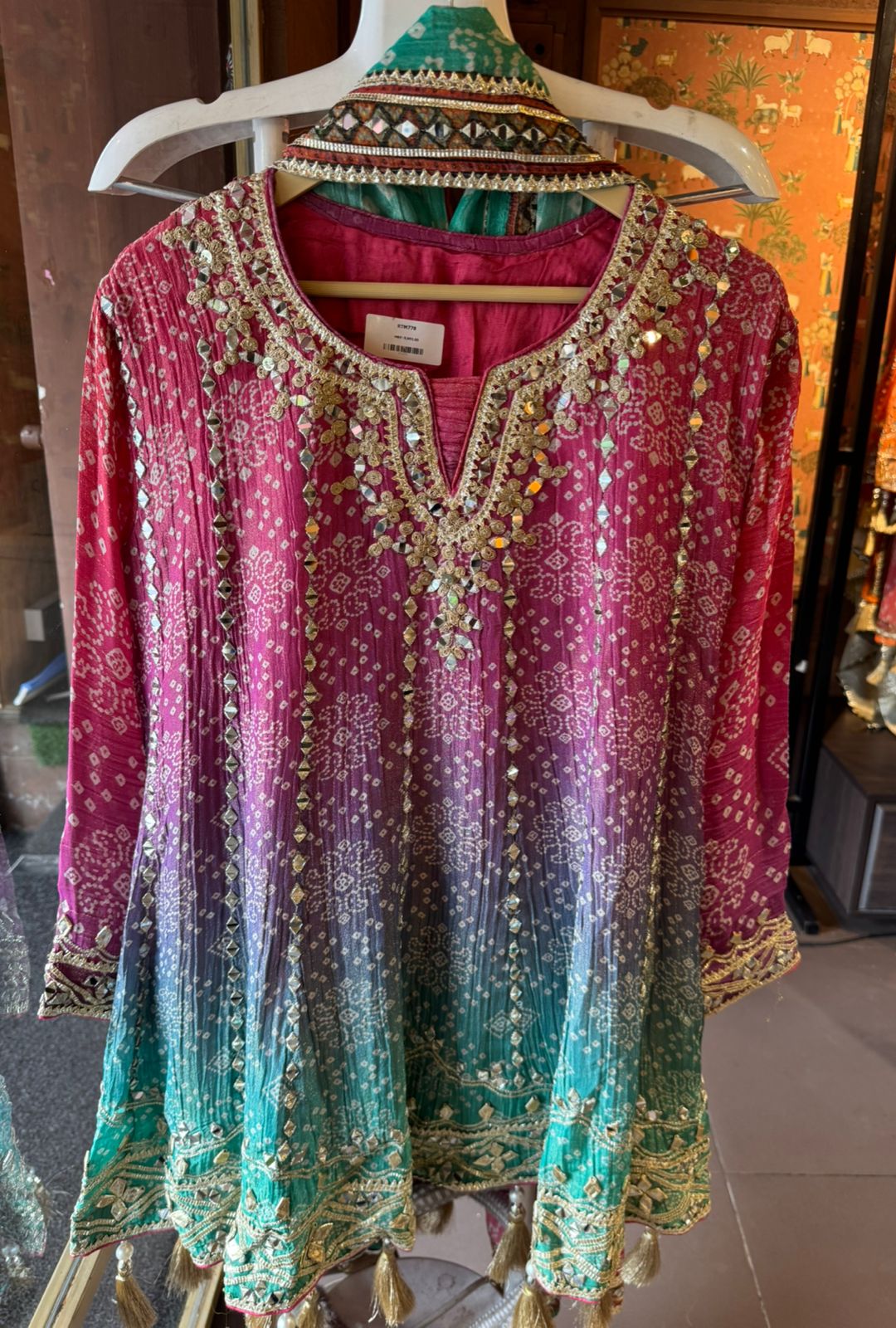 Ombré shaded crushed tissue bandhani printed sharara