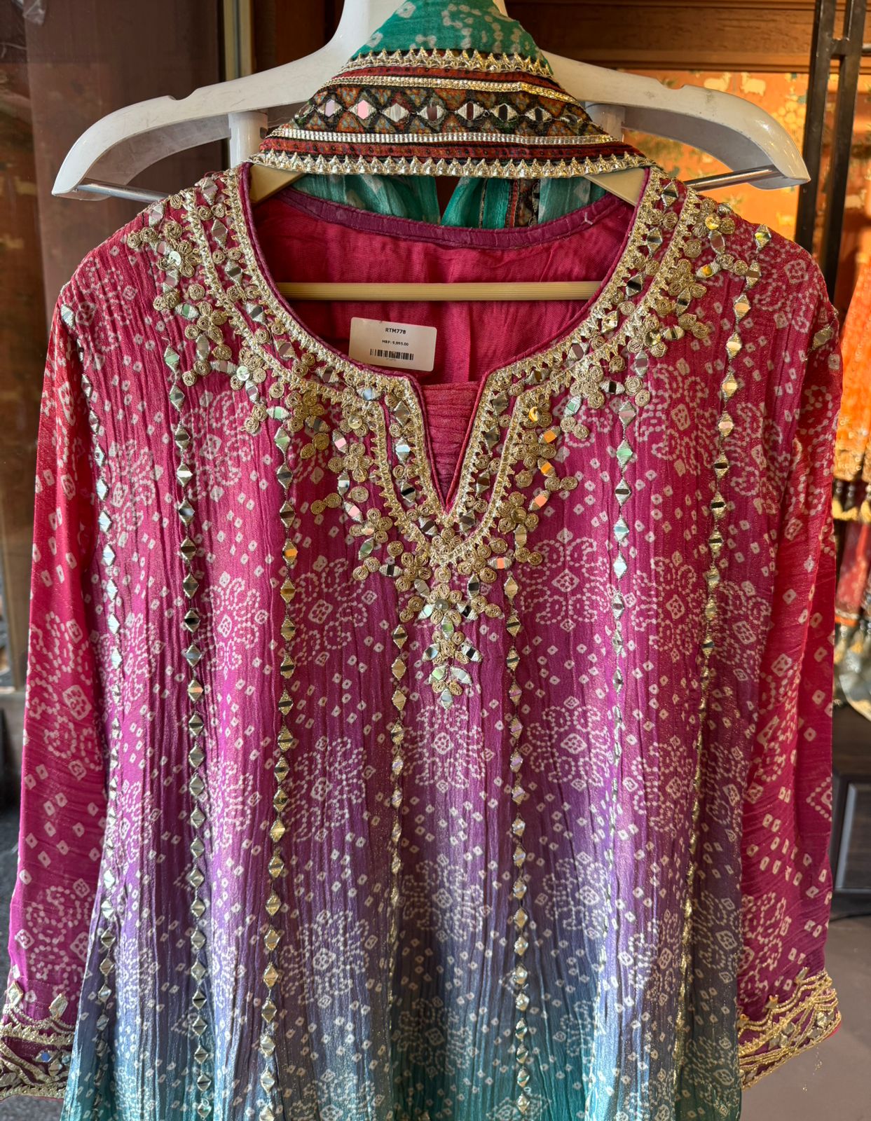 Ombré shaded crushed tissue bandhani printed sharara