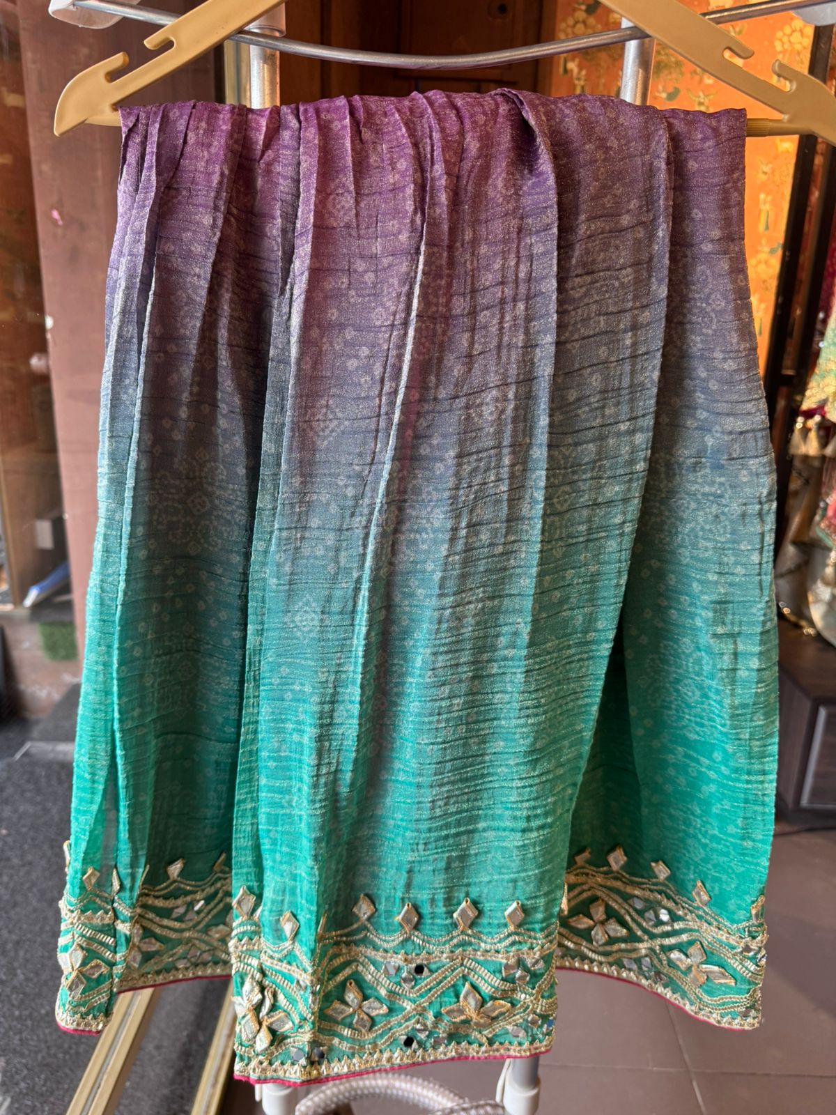 Ombré shaded crushed tissue bandhani printed sharara