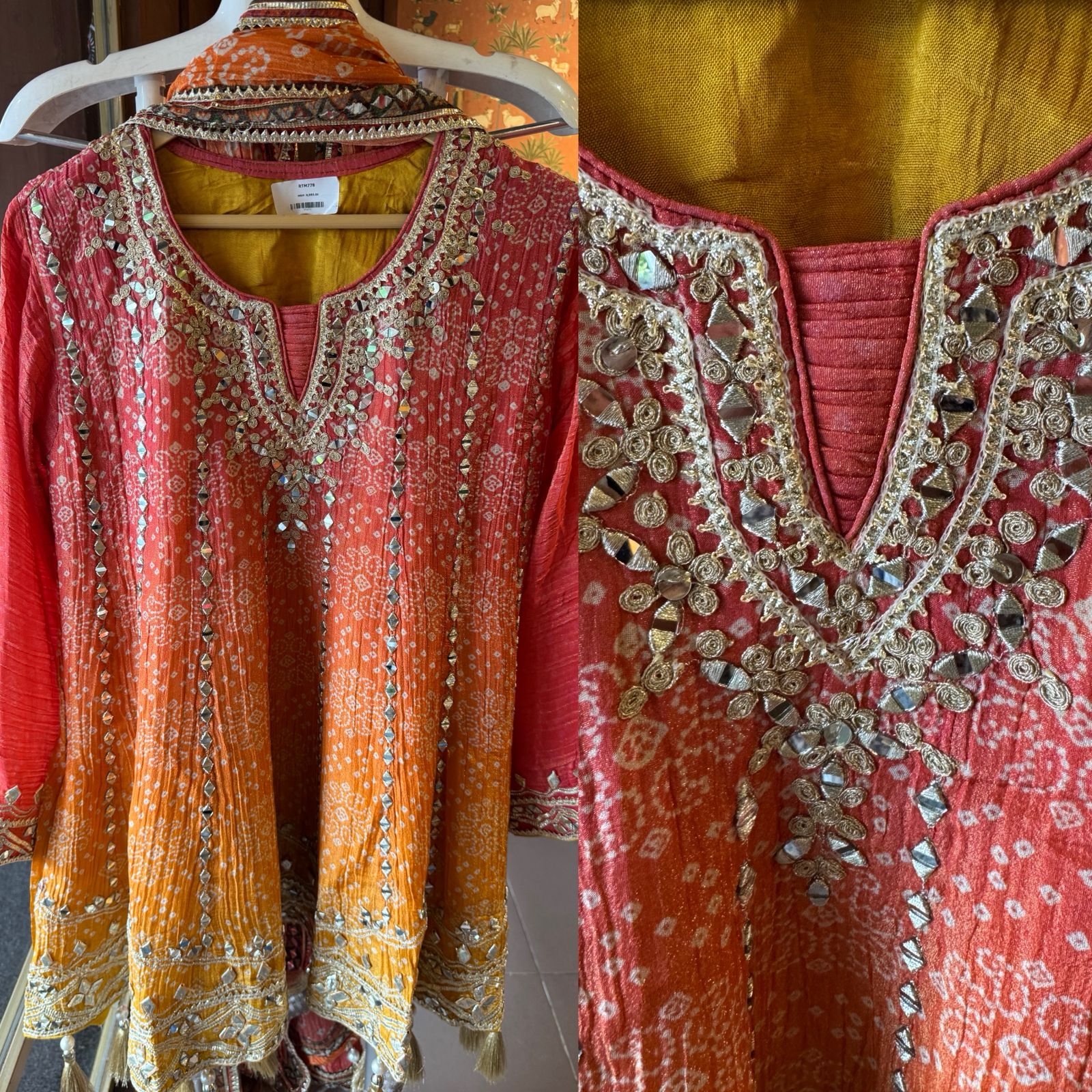 Ombré shaded crushed tissue bandhani printed sharara