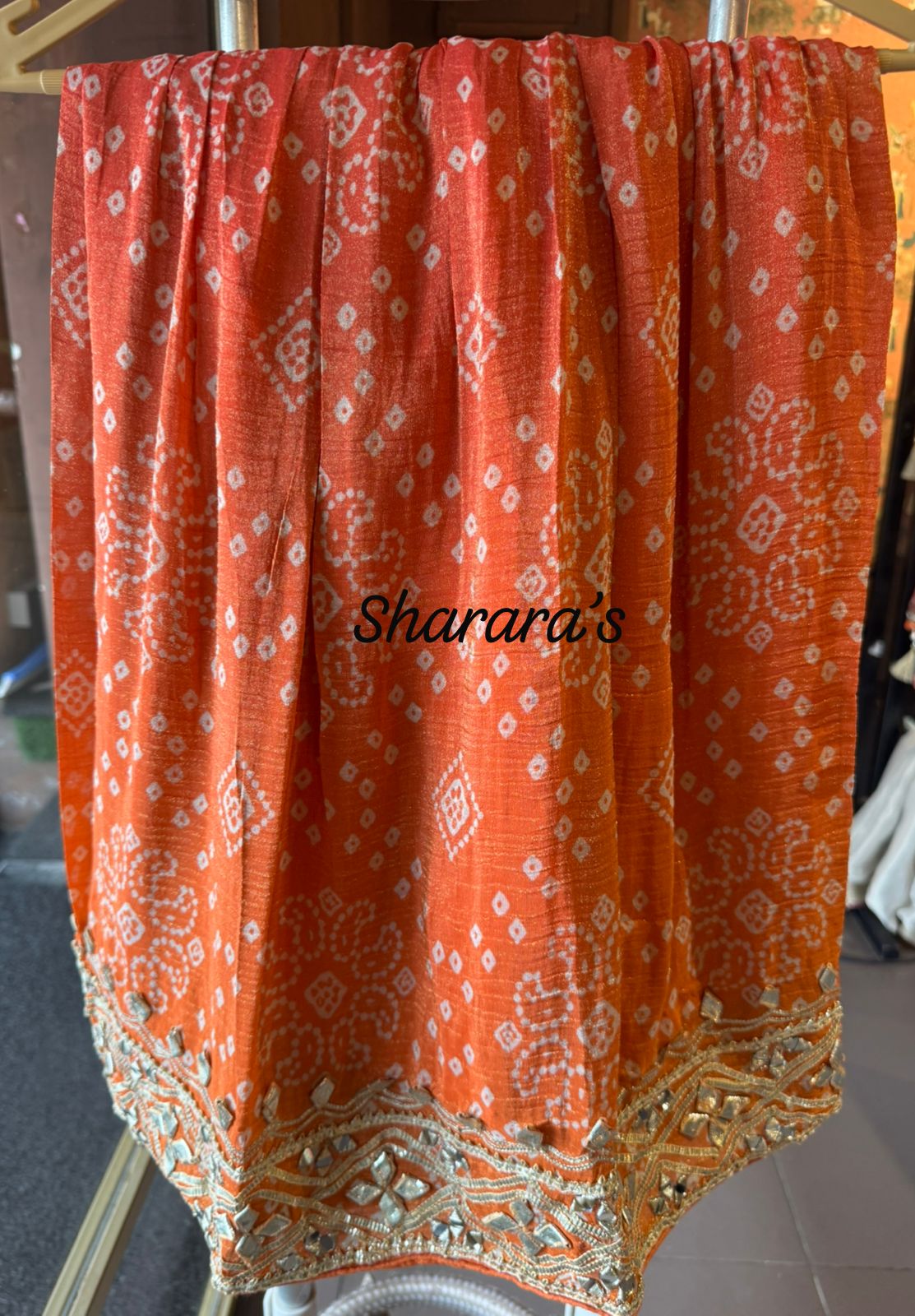 Ombré shaded crushed tissue bandhani printed sharara
