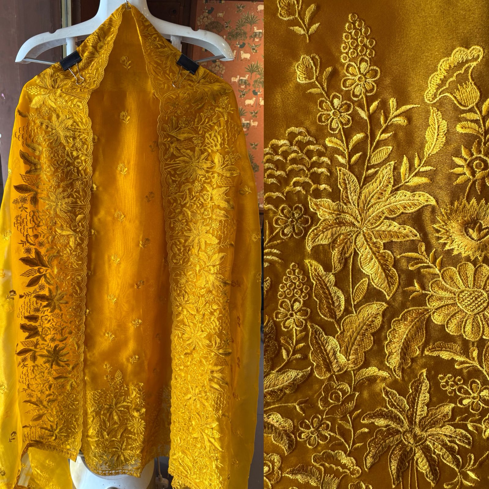 Pure Glass tissue Heavy floral thread embroidered Suit