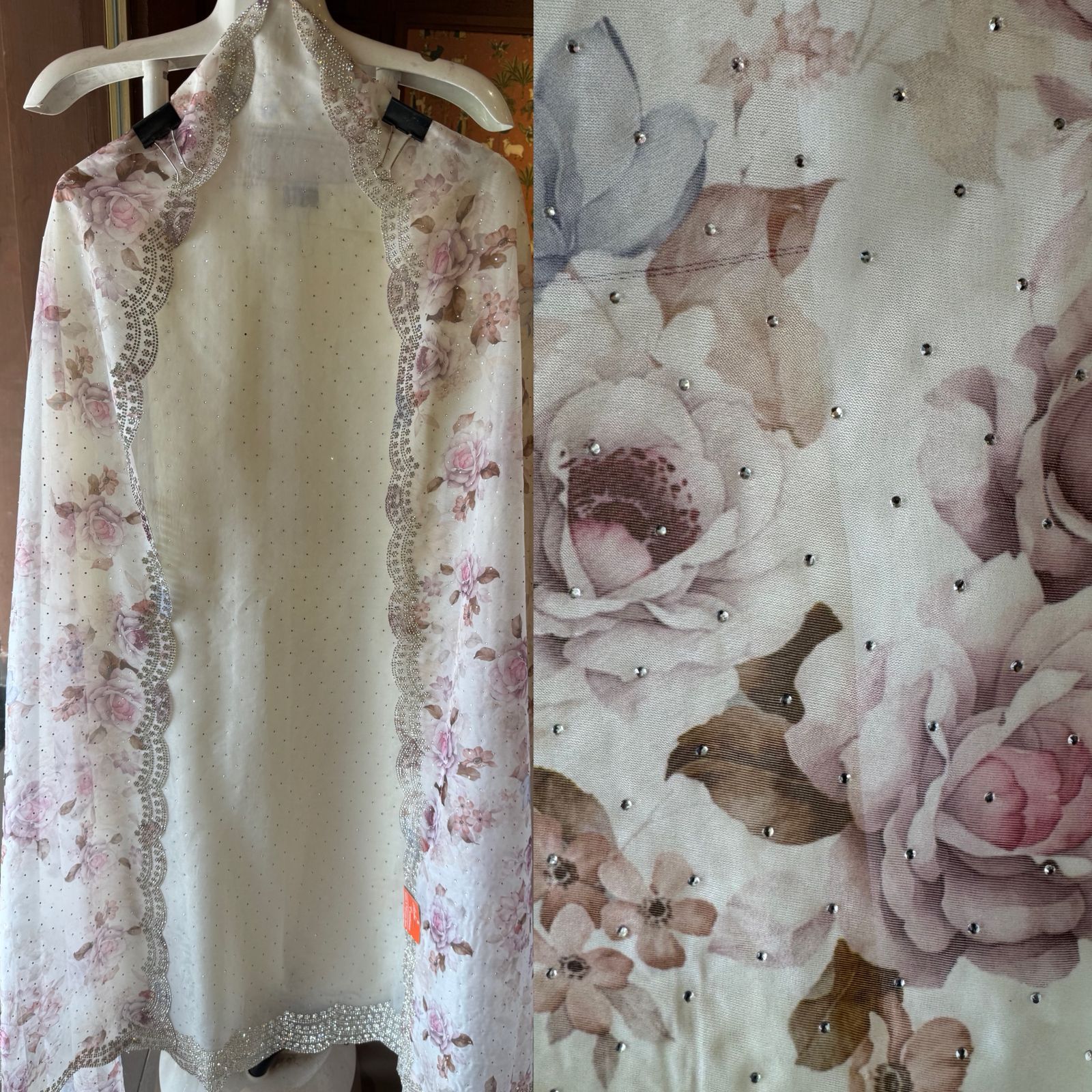 BEAUTIFUL UNSTITCHED SUIT DESIGN ON ORGANZA TISSUE