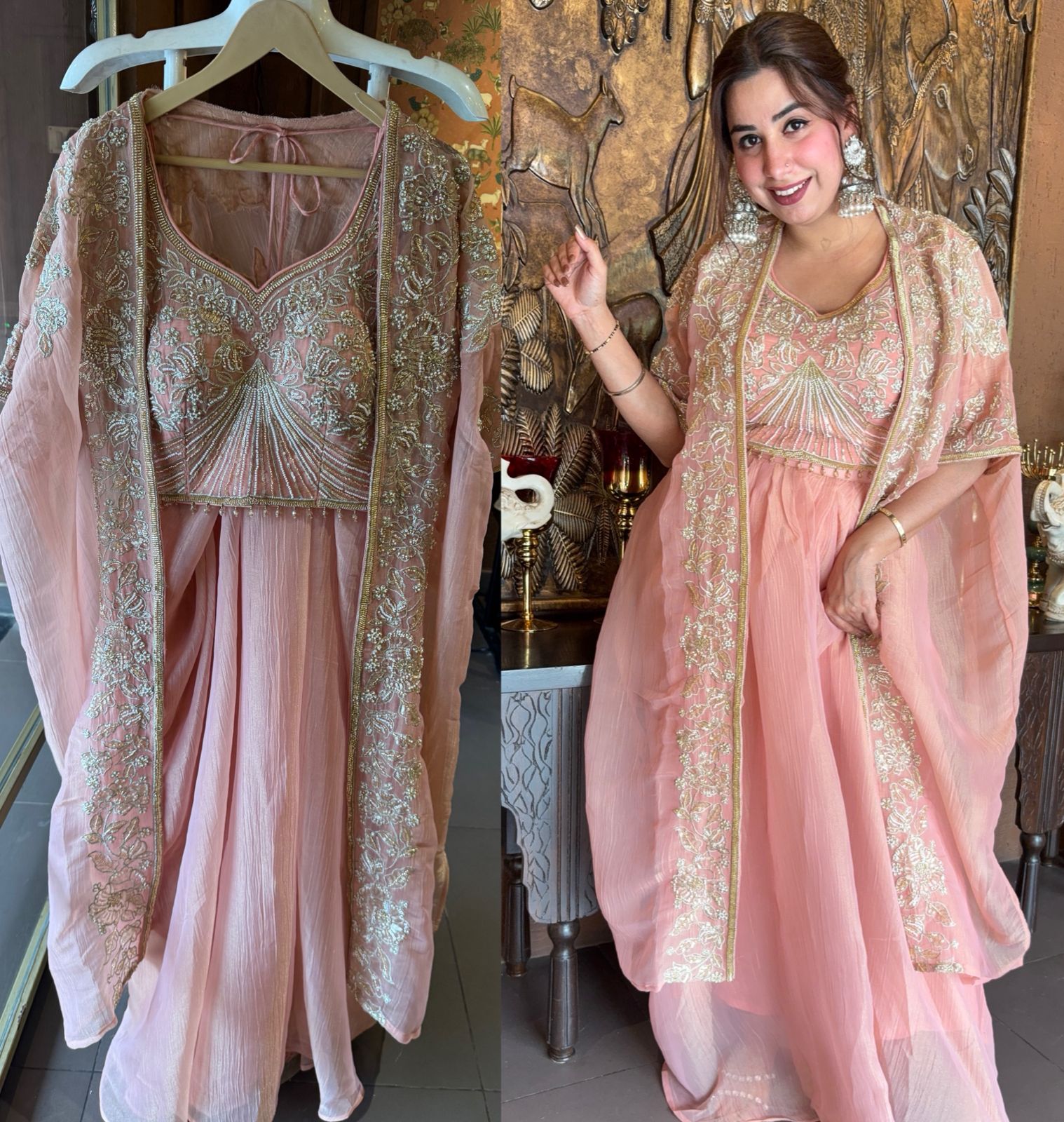 Hand embroidered suit set with cape style dupatta