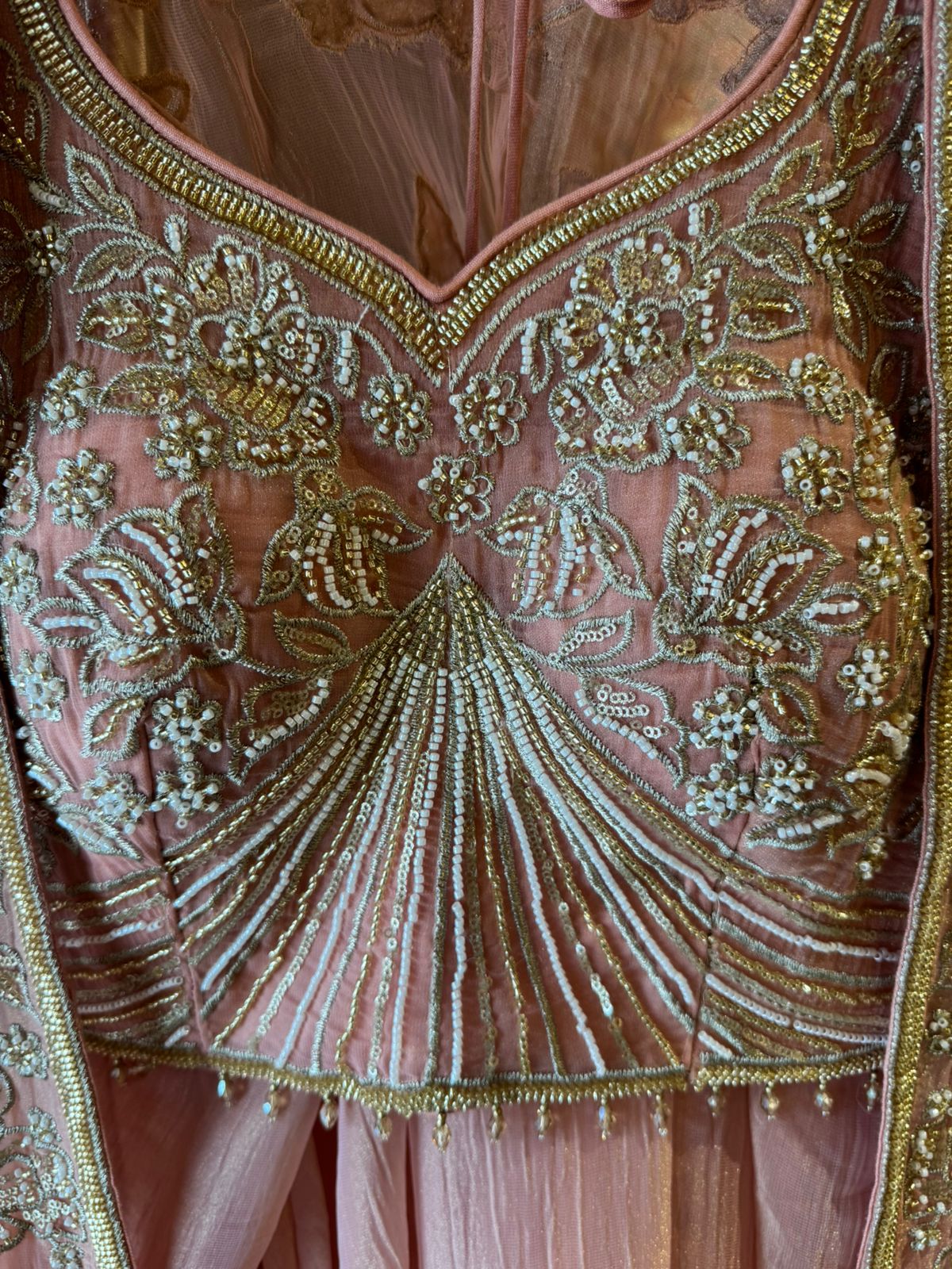 Hand embroidered suit set with cape style dupatta