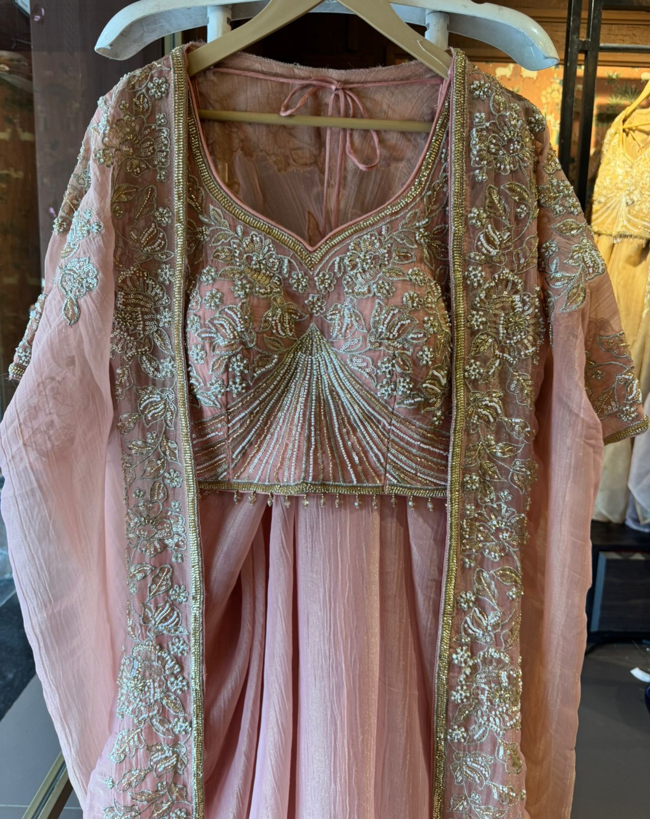 Hand embroidered suit set with cape style dupatta