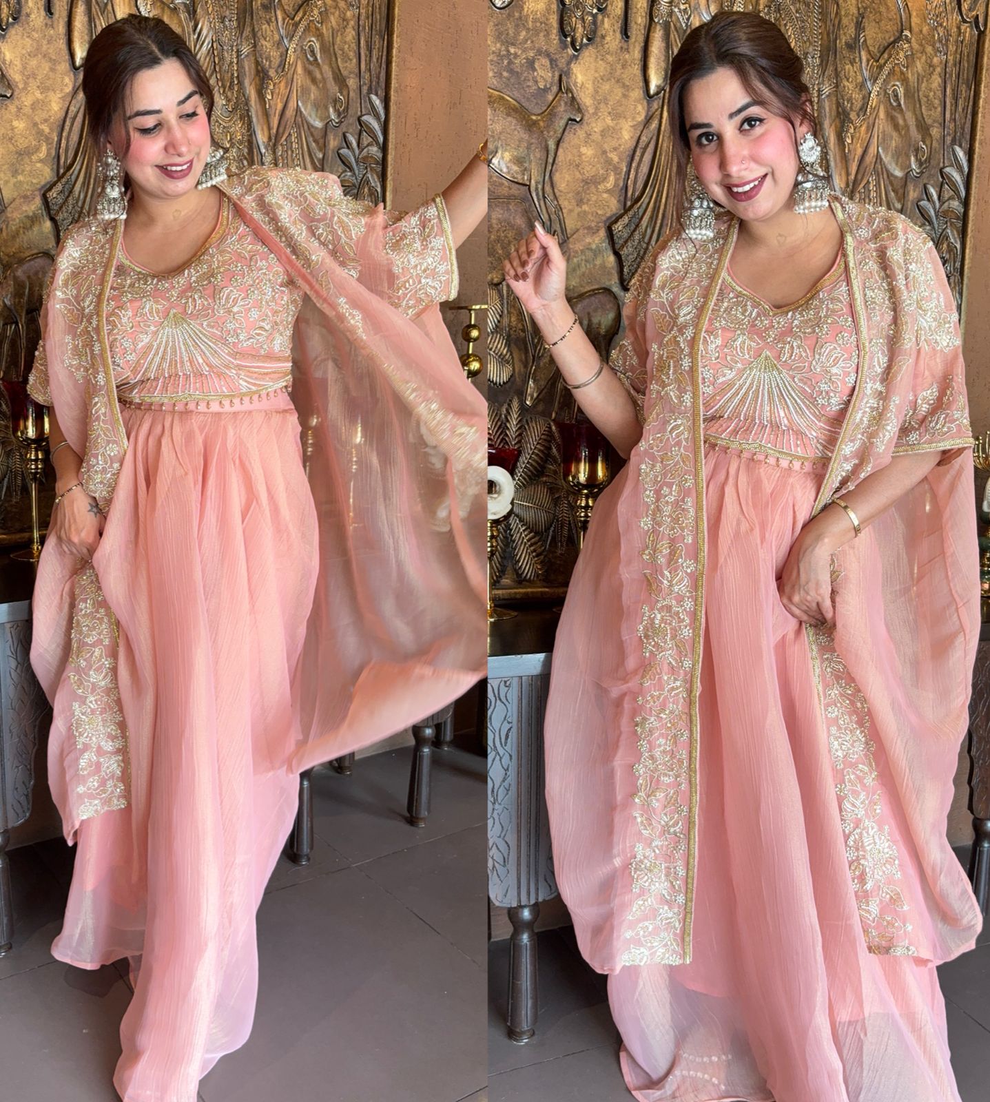 Hand embroidered suit set with cape style dupatta