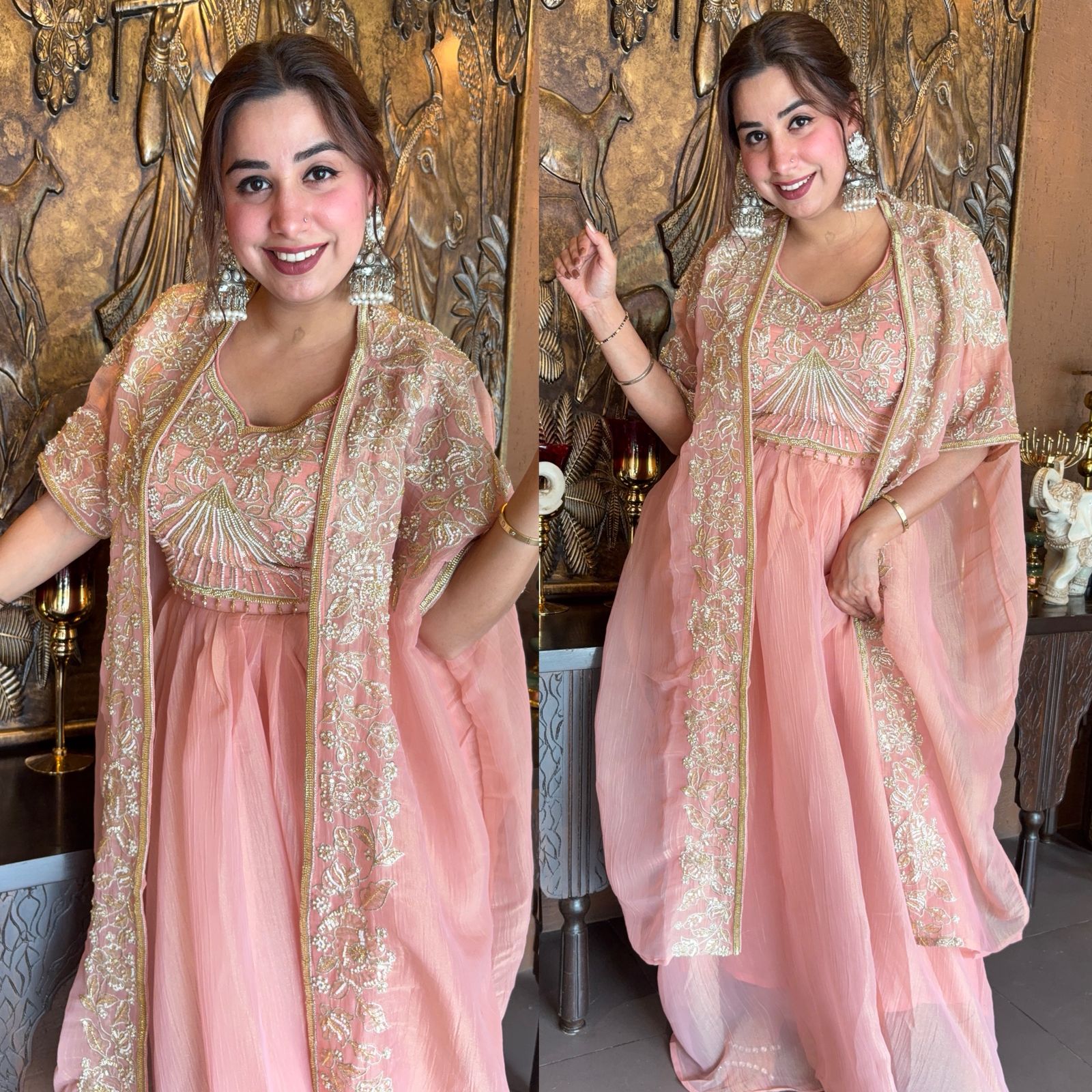 Hand embroidered suit set with cape style dupatta