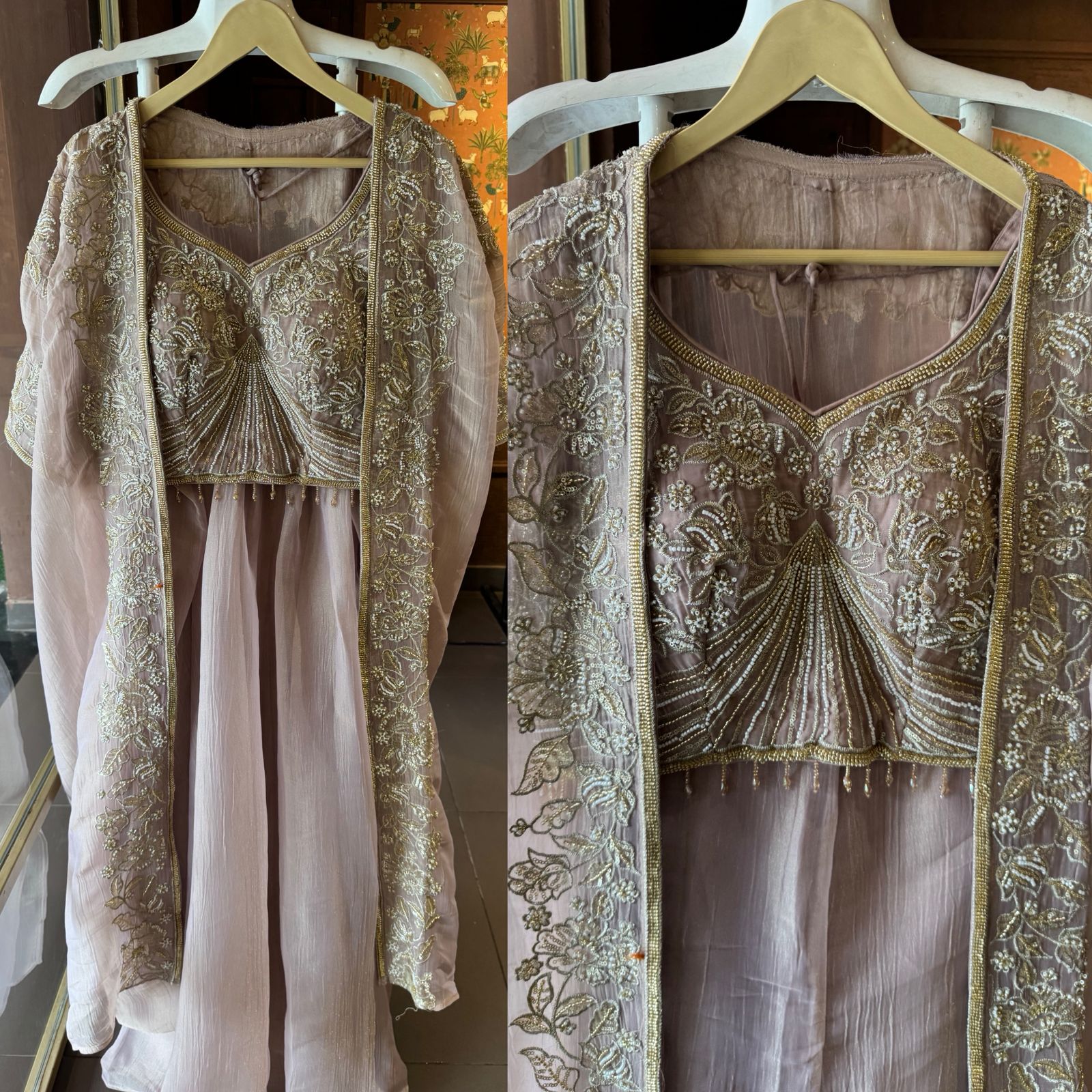 Hand embroidered suit set with cape style dupatta