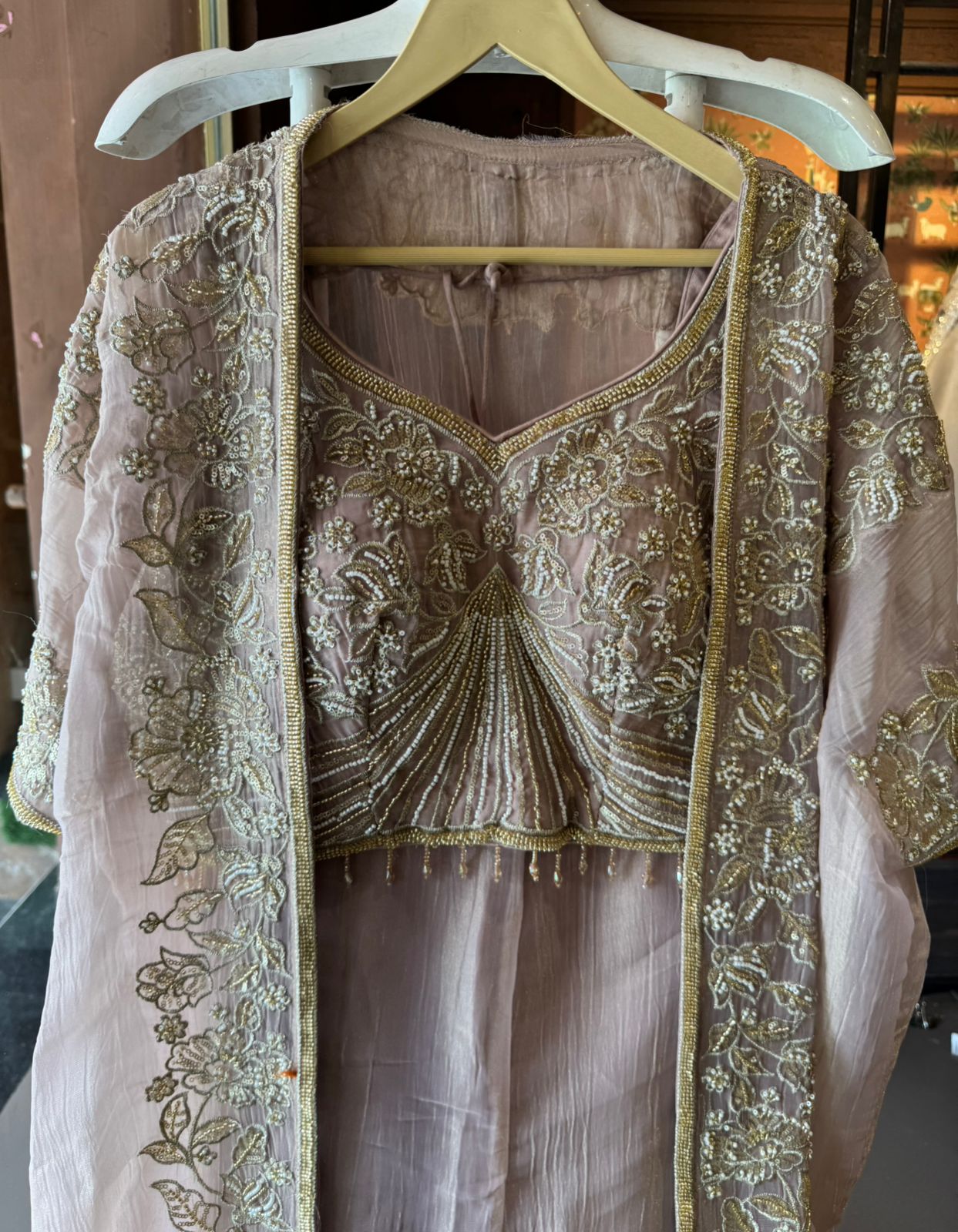 Hand embroidered suit set with cape style dupatta