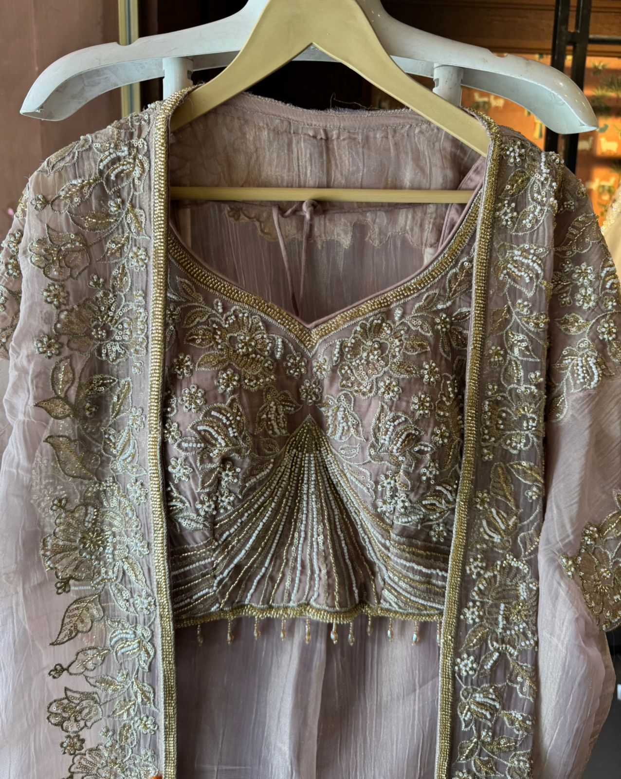 Hand embroidered suit set with cape style dupatta