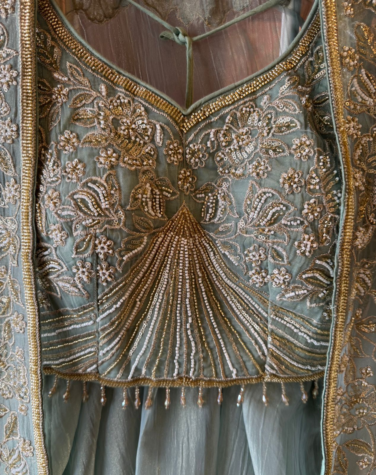 Hand embroidered suit set with cape style dupatta