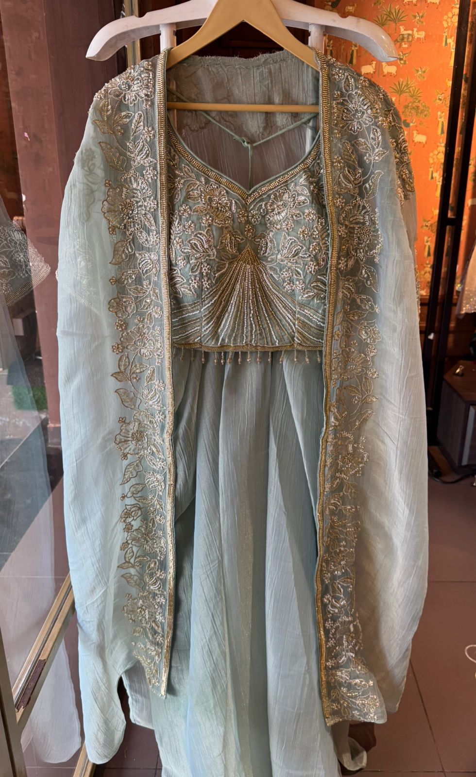 Hand embroidered suit set with cape style dupatta