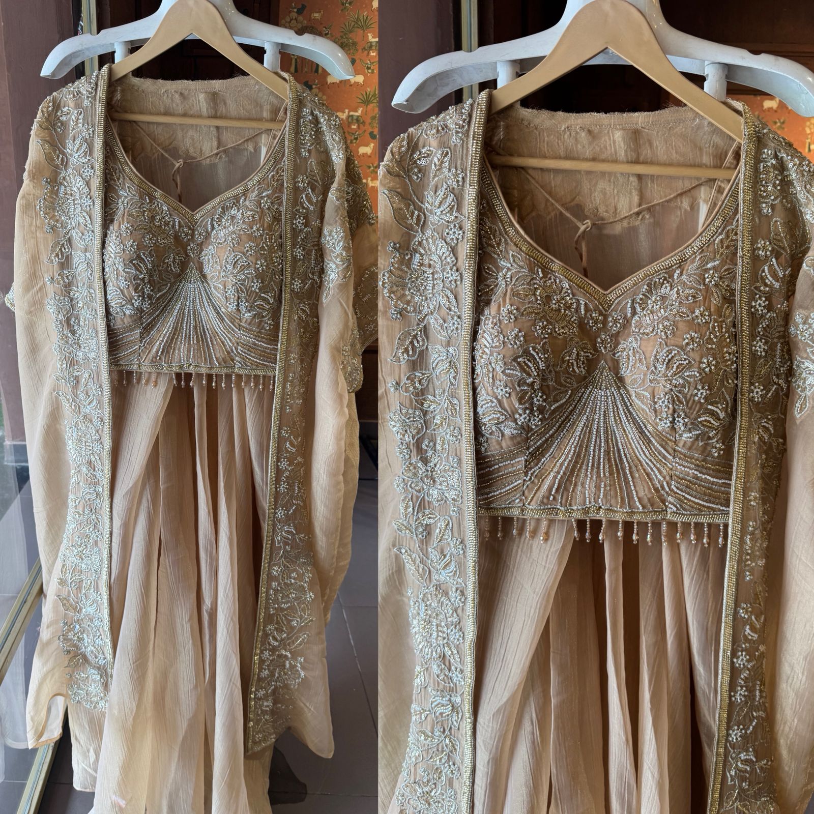 Hand embroidered suit set with cape style dupatta