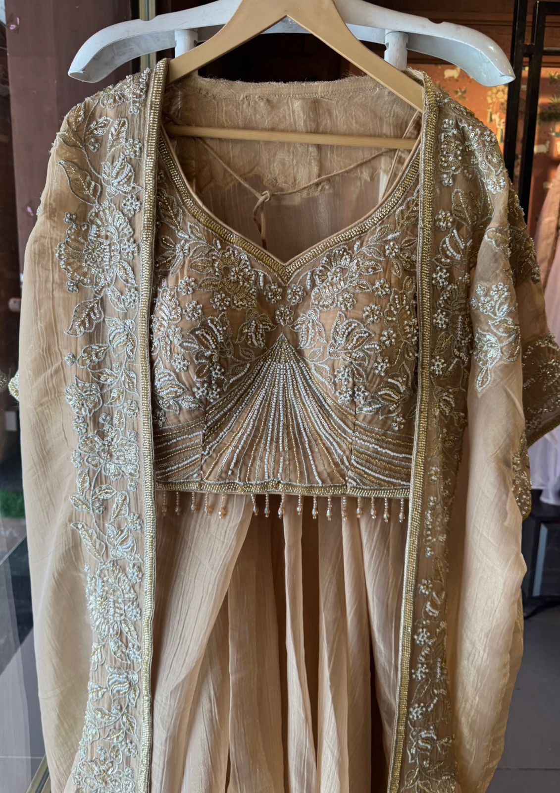 Hand embroidered suit set with cape style dupatta