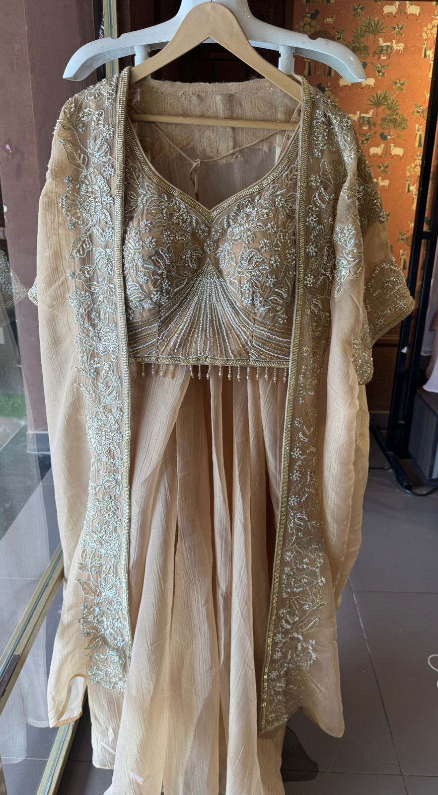 Hand embroidered suit set with cape style dupatta