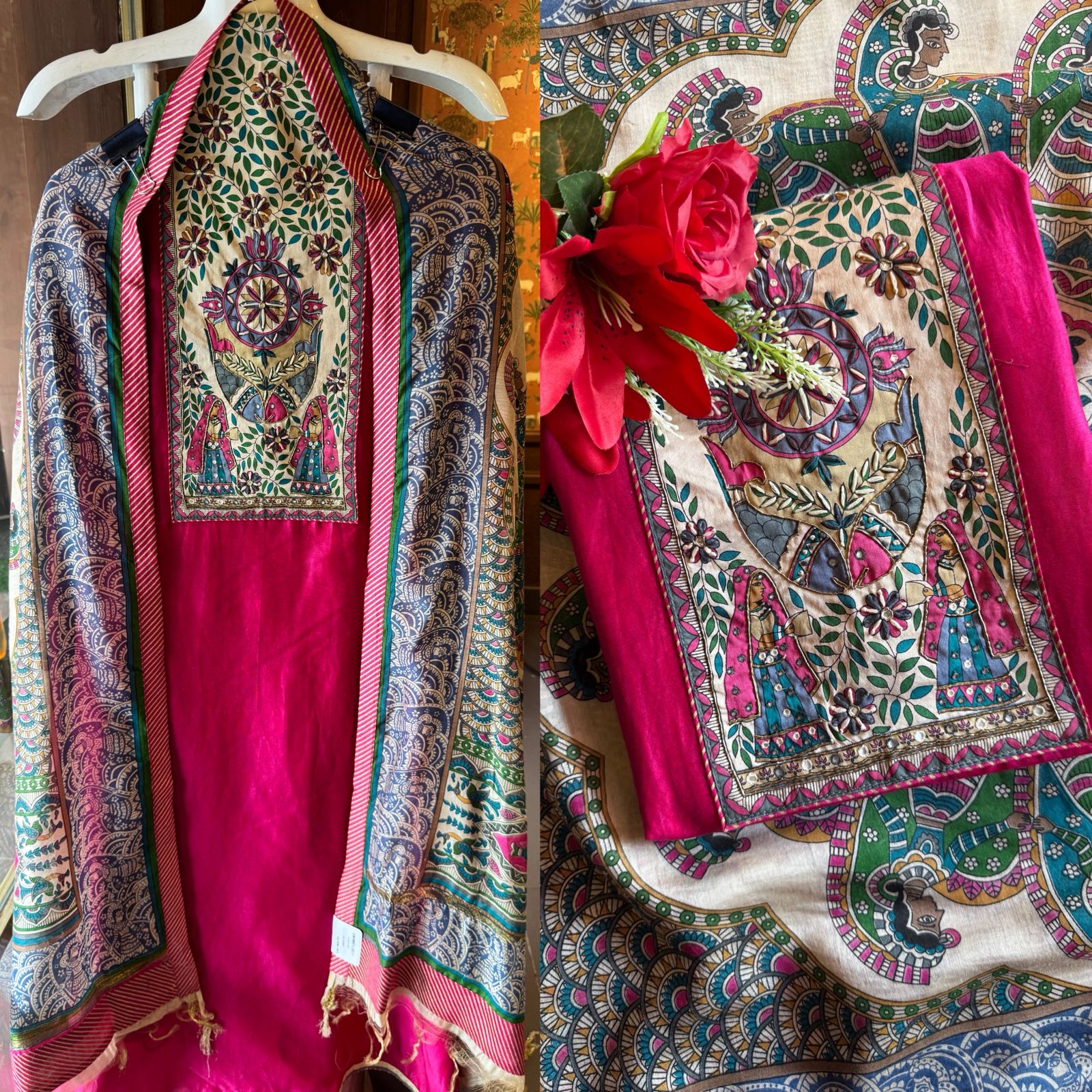 Deep majenta colour on pure Maheshwari  silk shirt