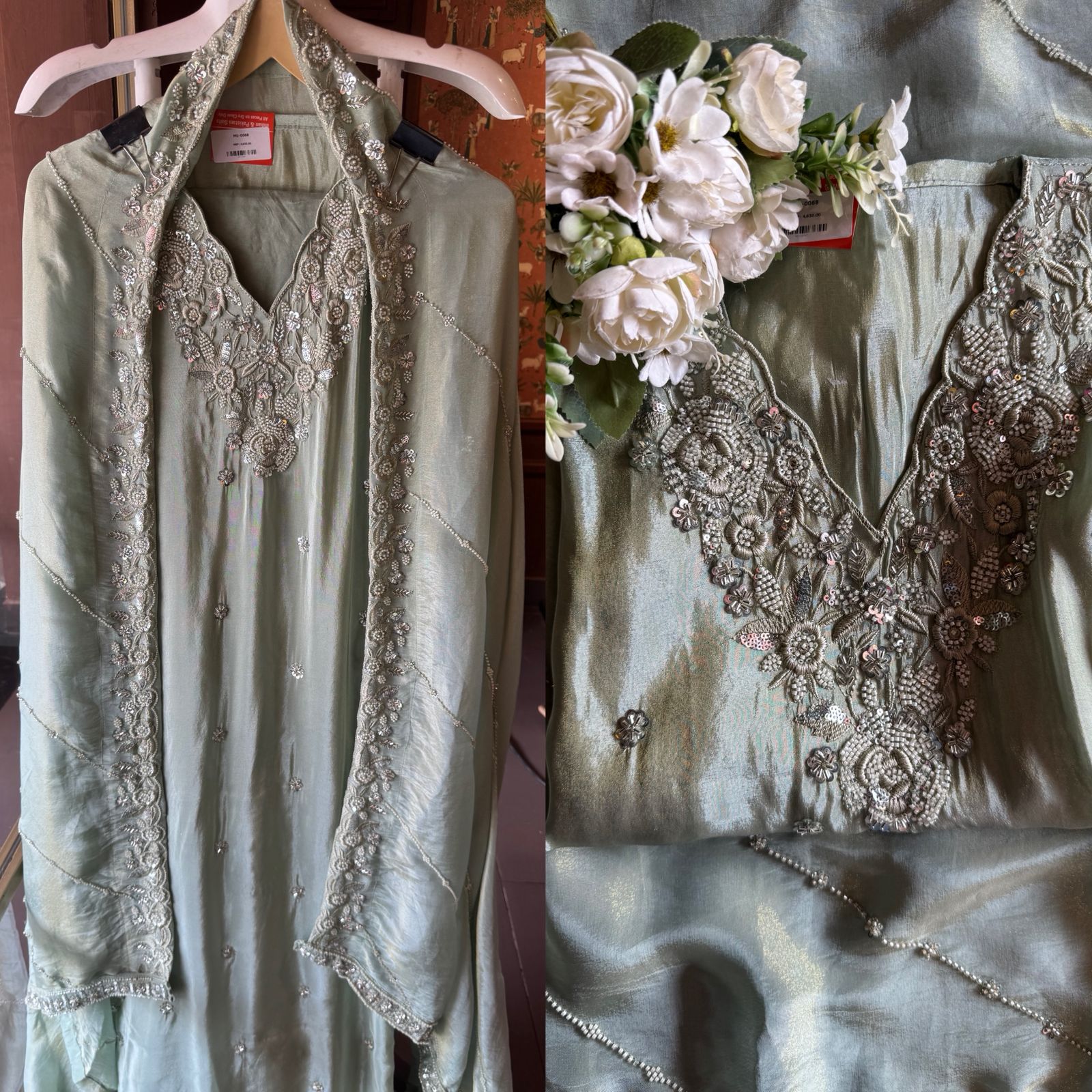 Pakistani handwork pieces On pure shimmer tissue