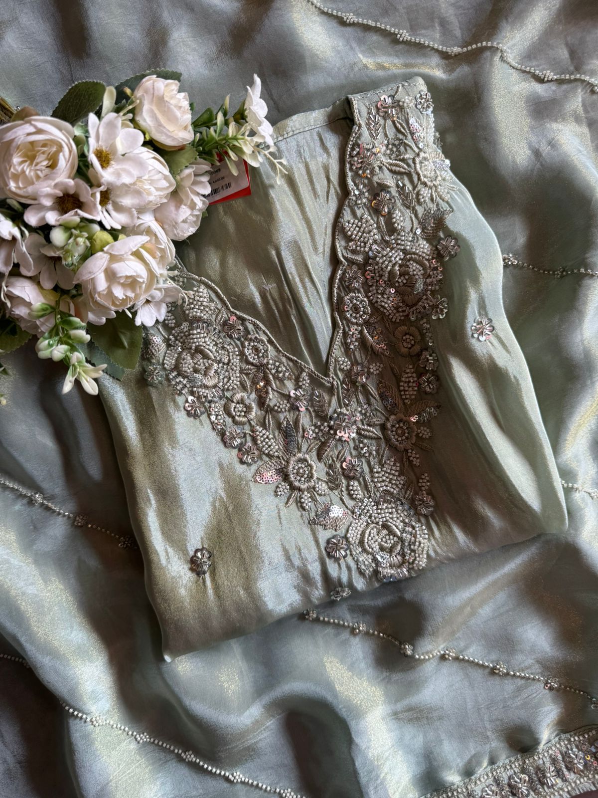 Pakistani handwork pieces On pure shimmer tissue