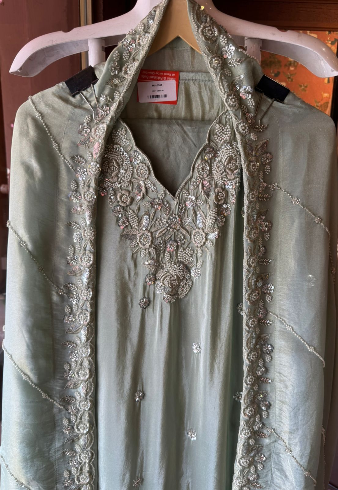 Pakistani handwork pieces On pure shimmer tissue