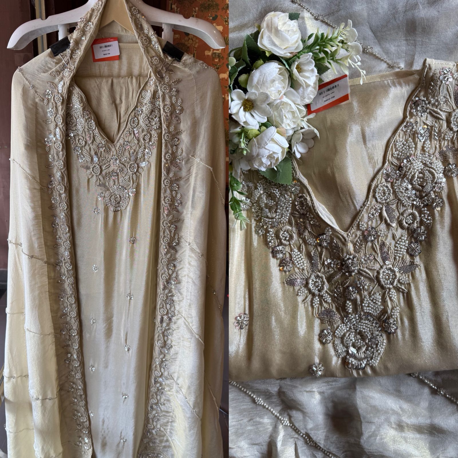 Pakistani handwork pieces On pure shimmer tissue