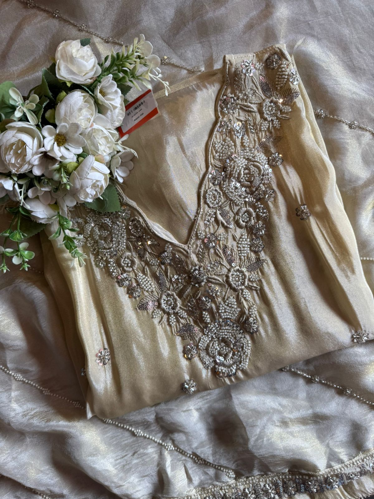 Pakistani handwork pieces On pure shimmer tissue