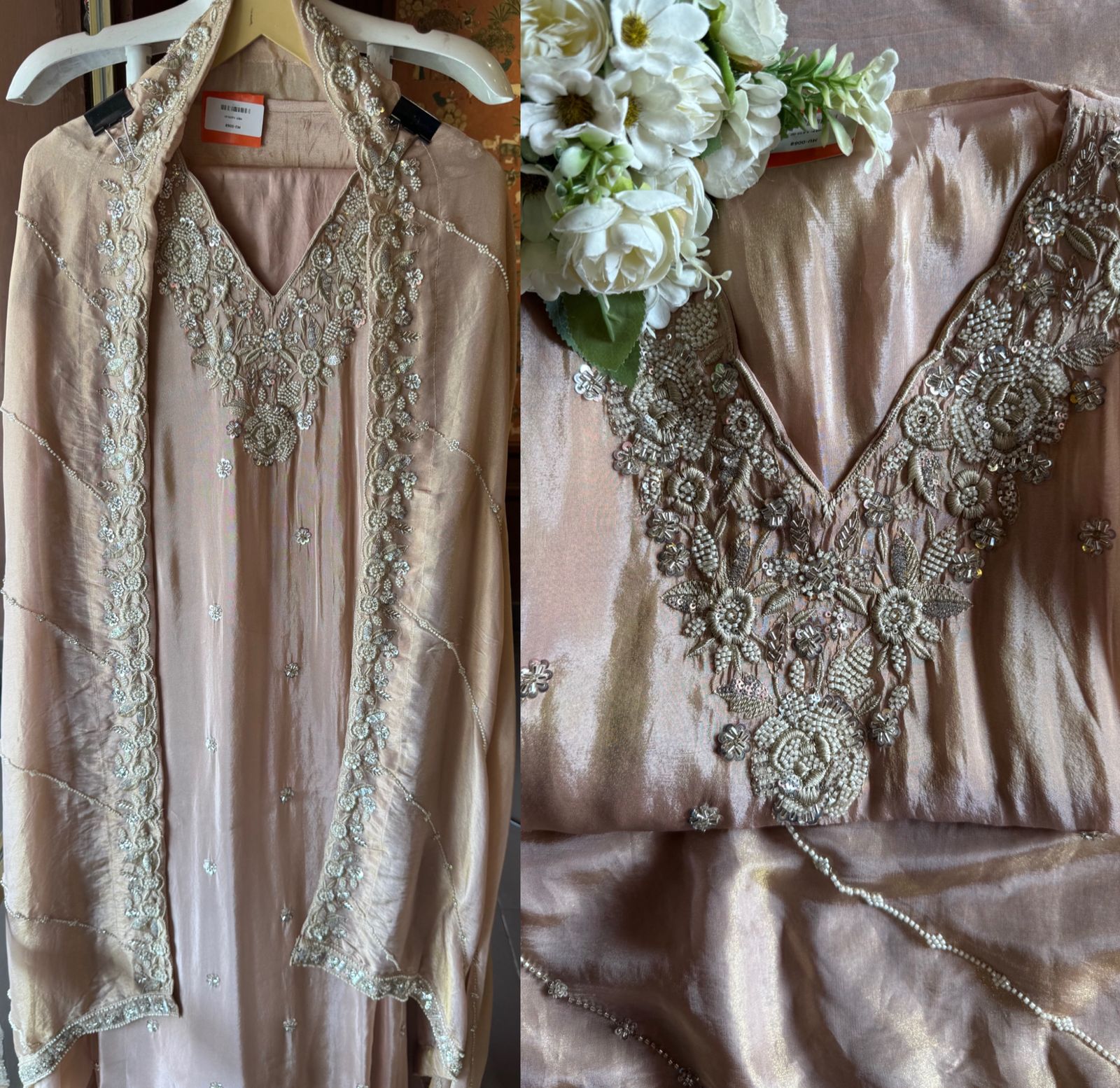 Pakistani handwork pieces On pure shimmer tissue