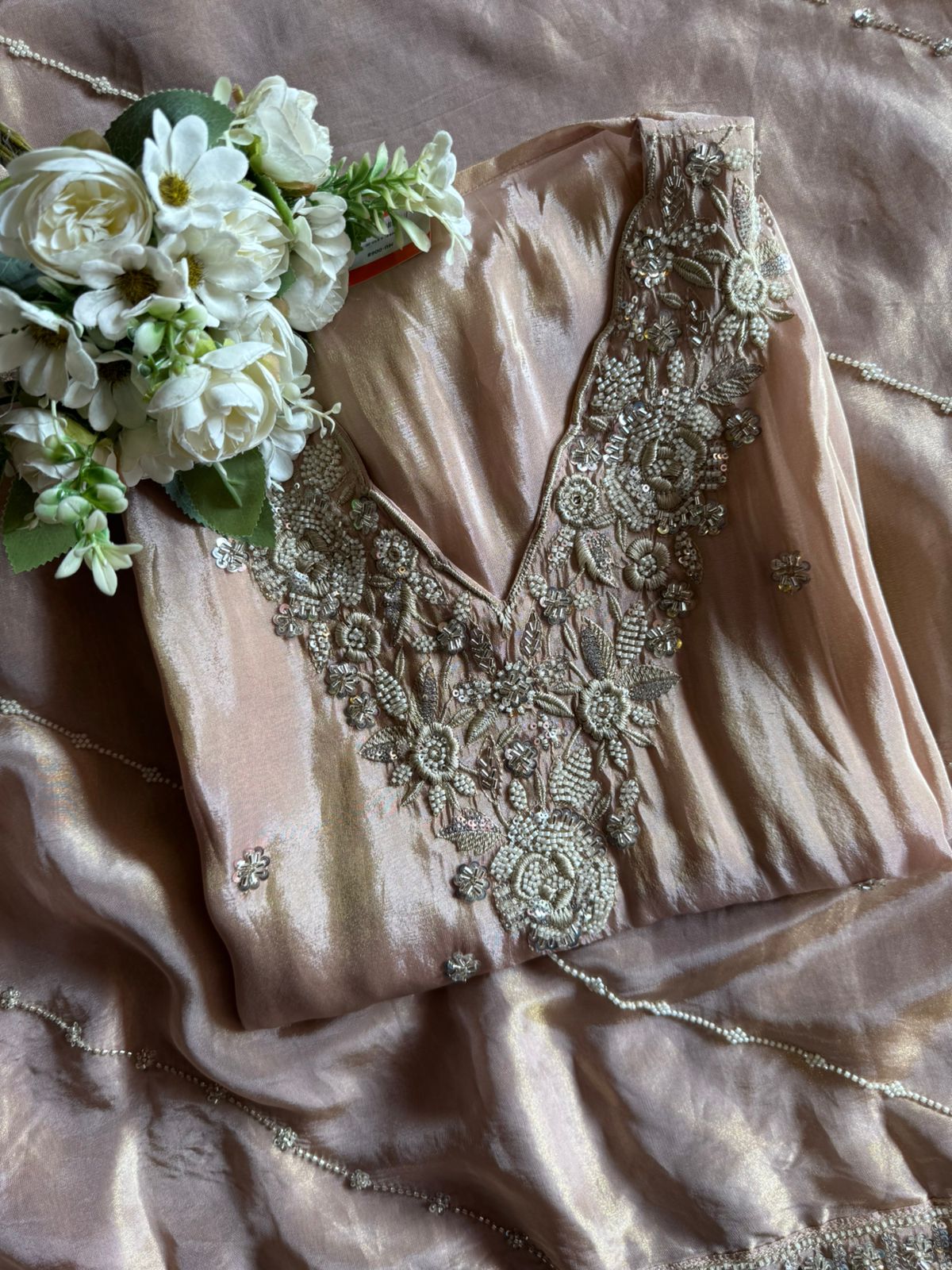 Pakistani handwork pieces On pure shimmer tissue