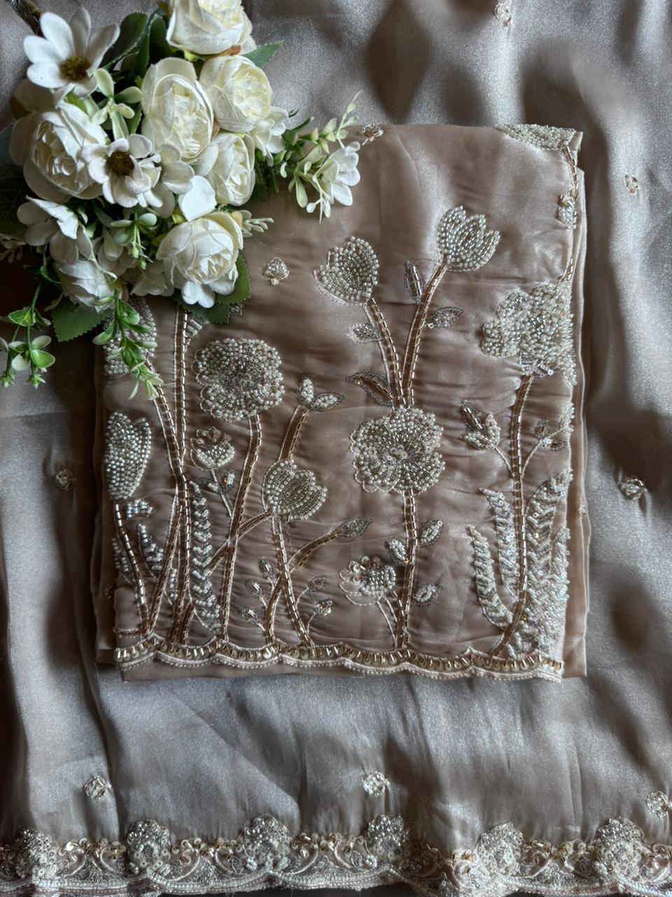 Pakistani handwork pieces On pure tissue shirt