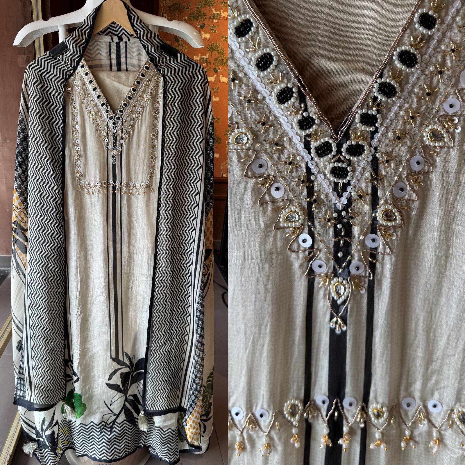 Cream and black ethnic suit