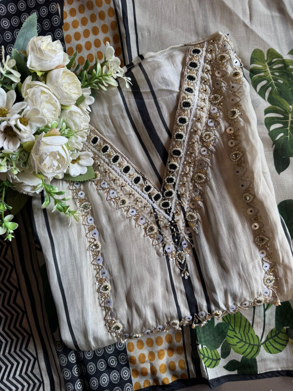 Cream and black ethnic suit