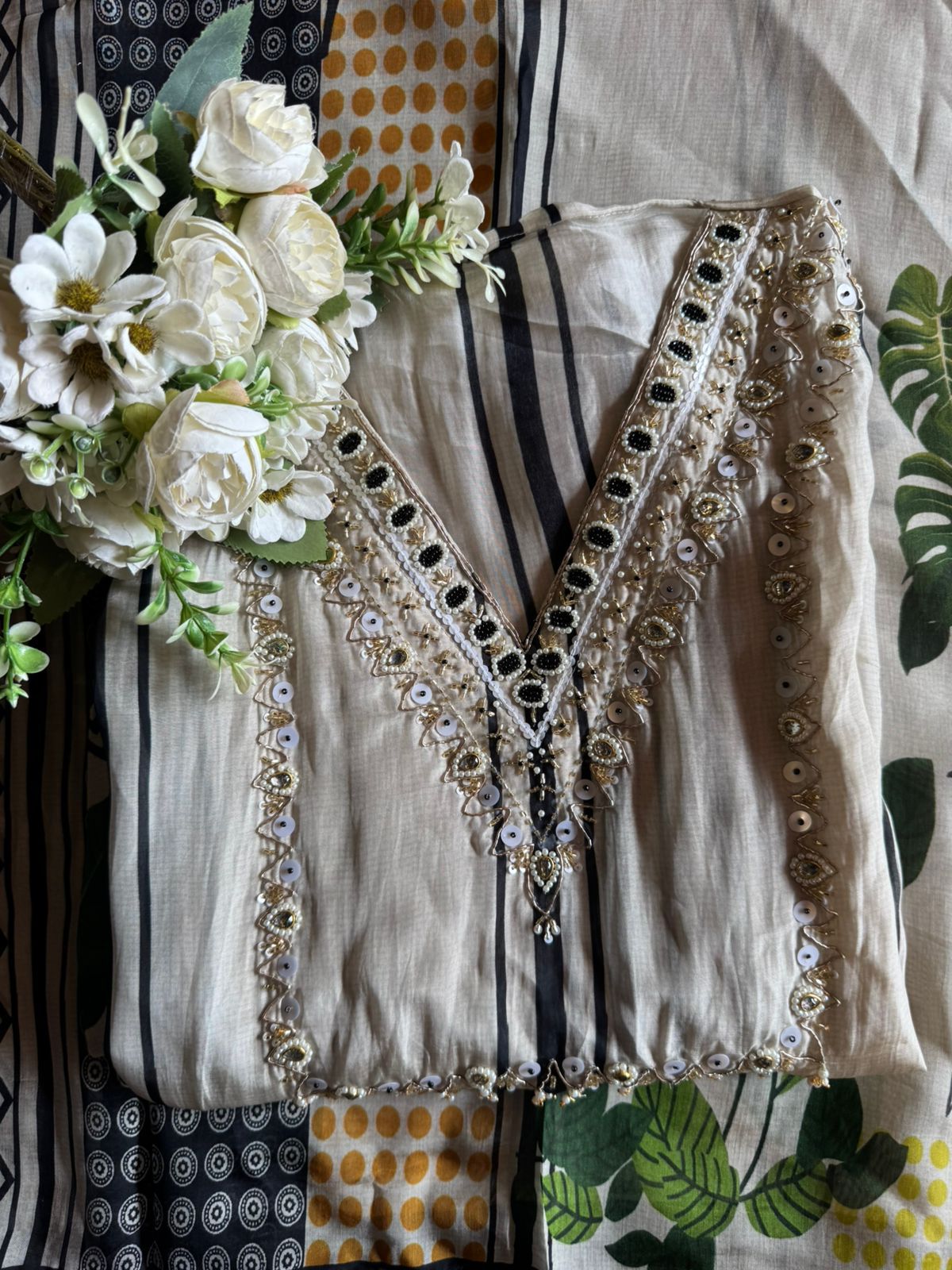 Cream and black ethnic suit