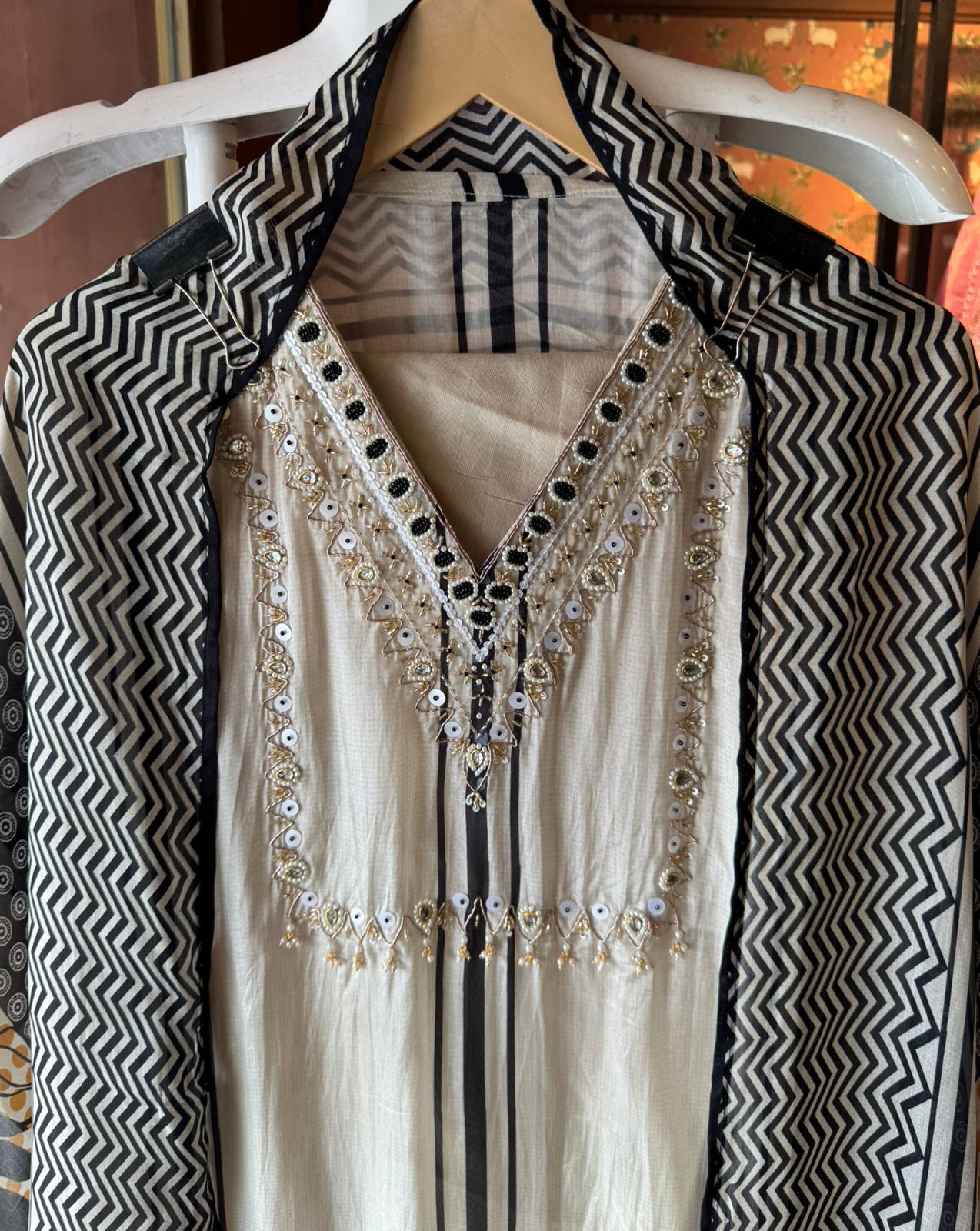 Cream and black ethnic suit