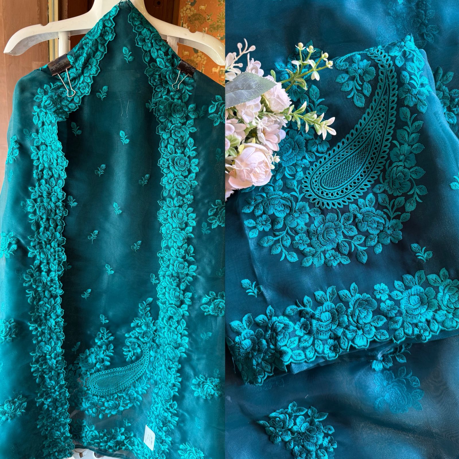 Glass tissue Heavy floral thread embroidered Suit