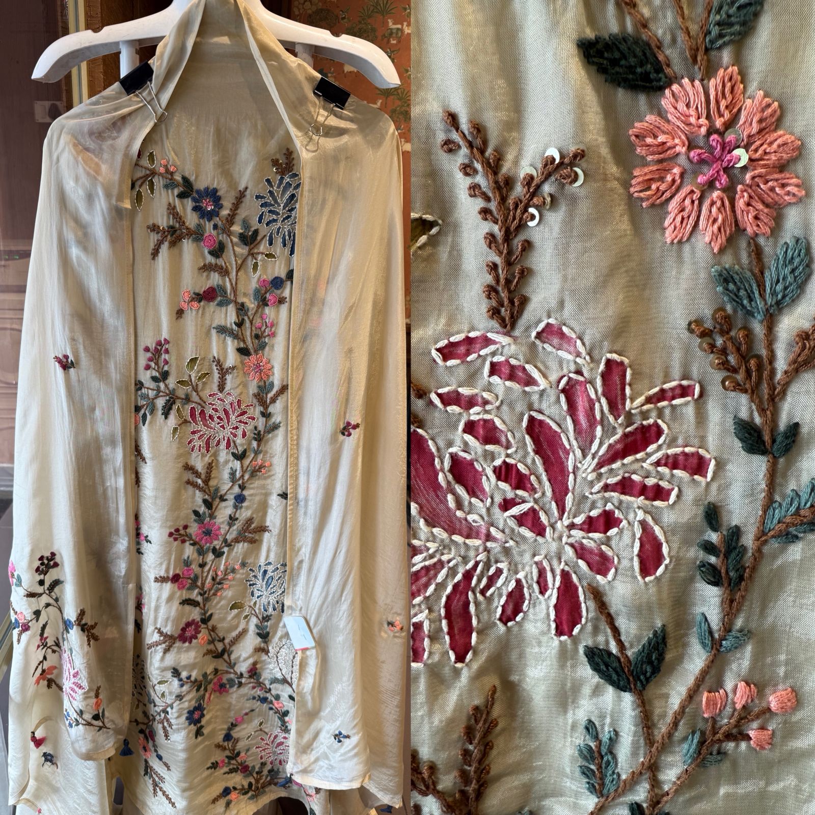 Silk Shirt with vibrant multi-colored floral embroidery