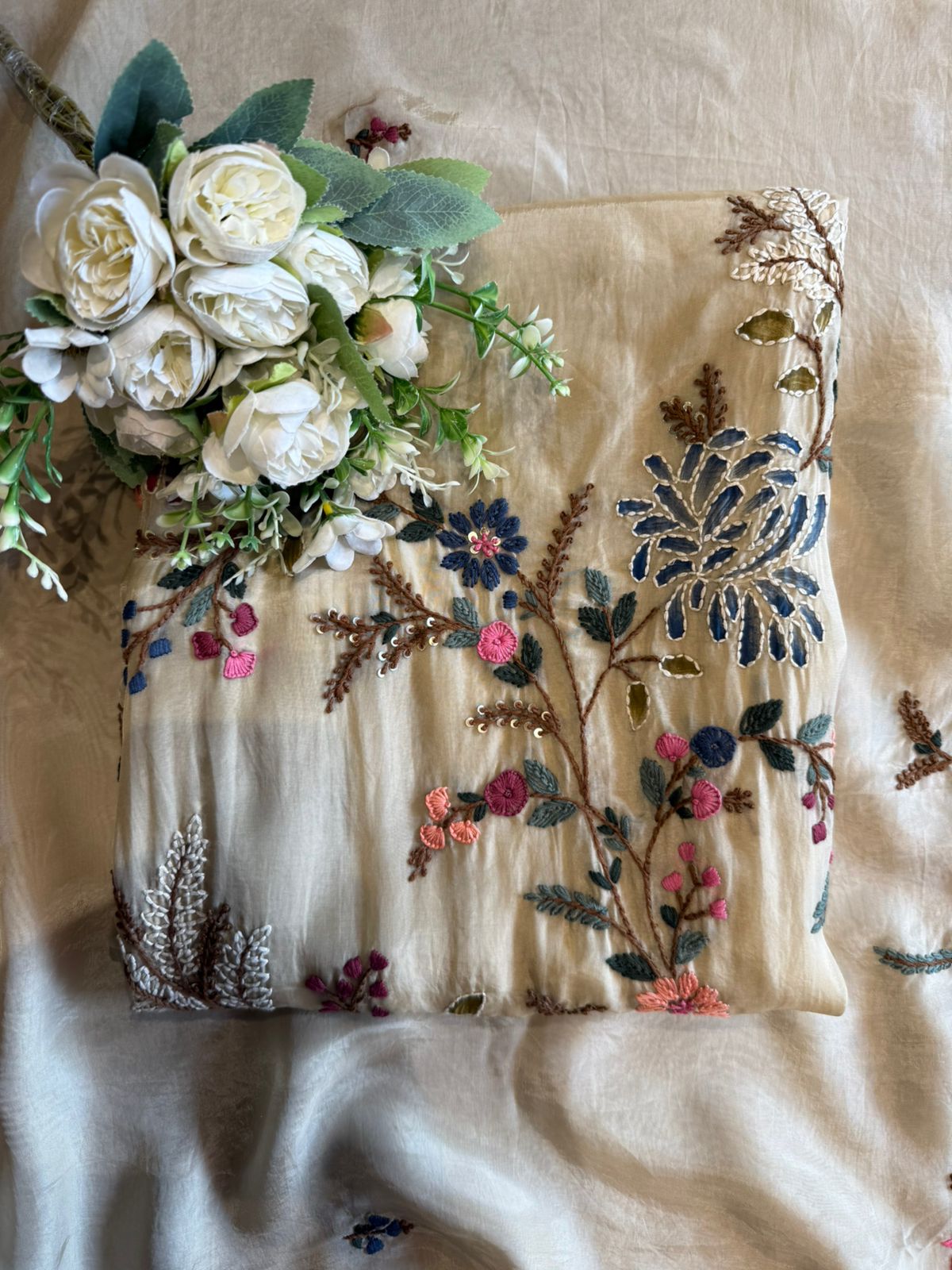 Silk Shirt with vibrant multi-colored floral embroidery