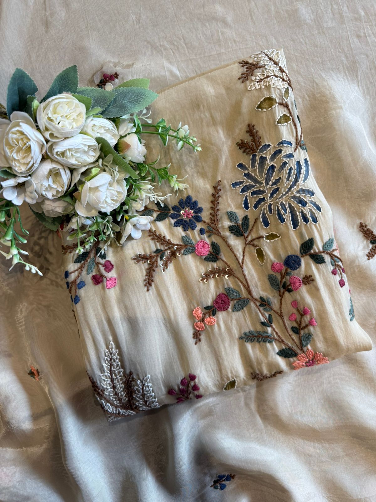 Silk Shirt with vibrant multi-colored floral embroidery