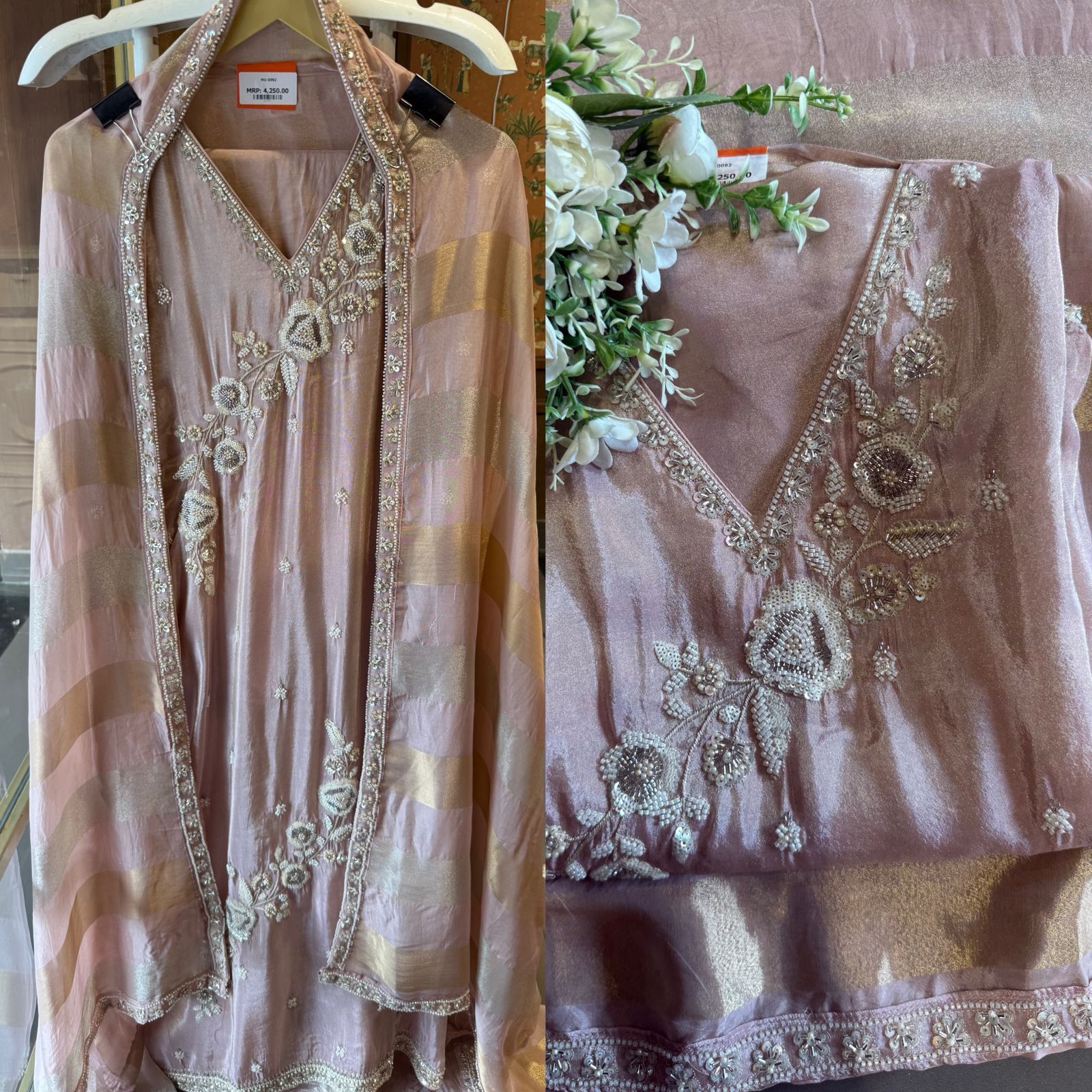 elegant suit set with intricate and delicate embroidery work