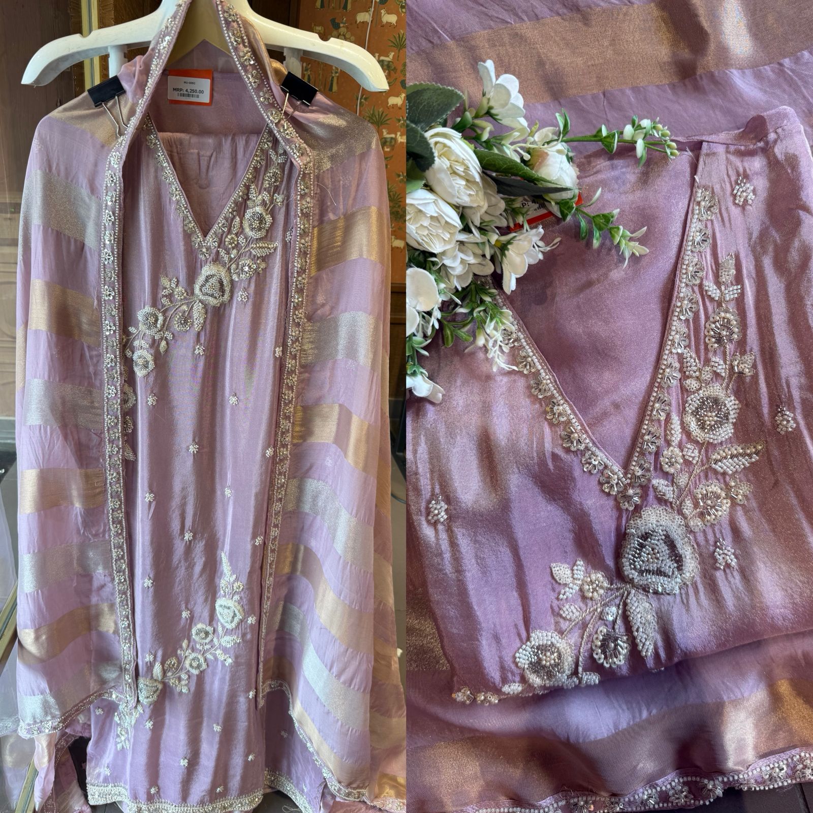 elegant suit set with intricate and delicate embroidery work